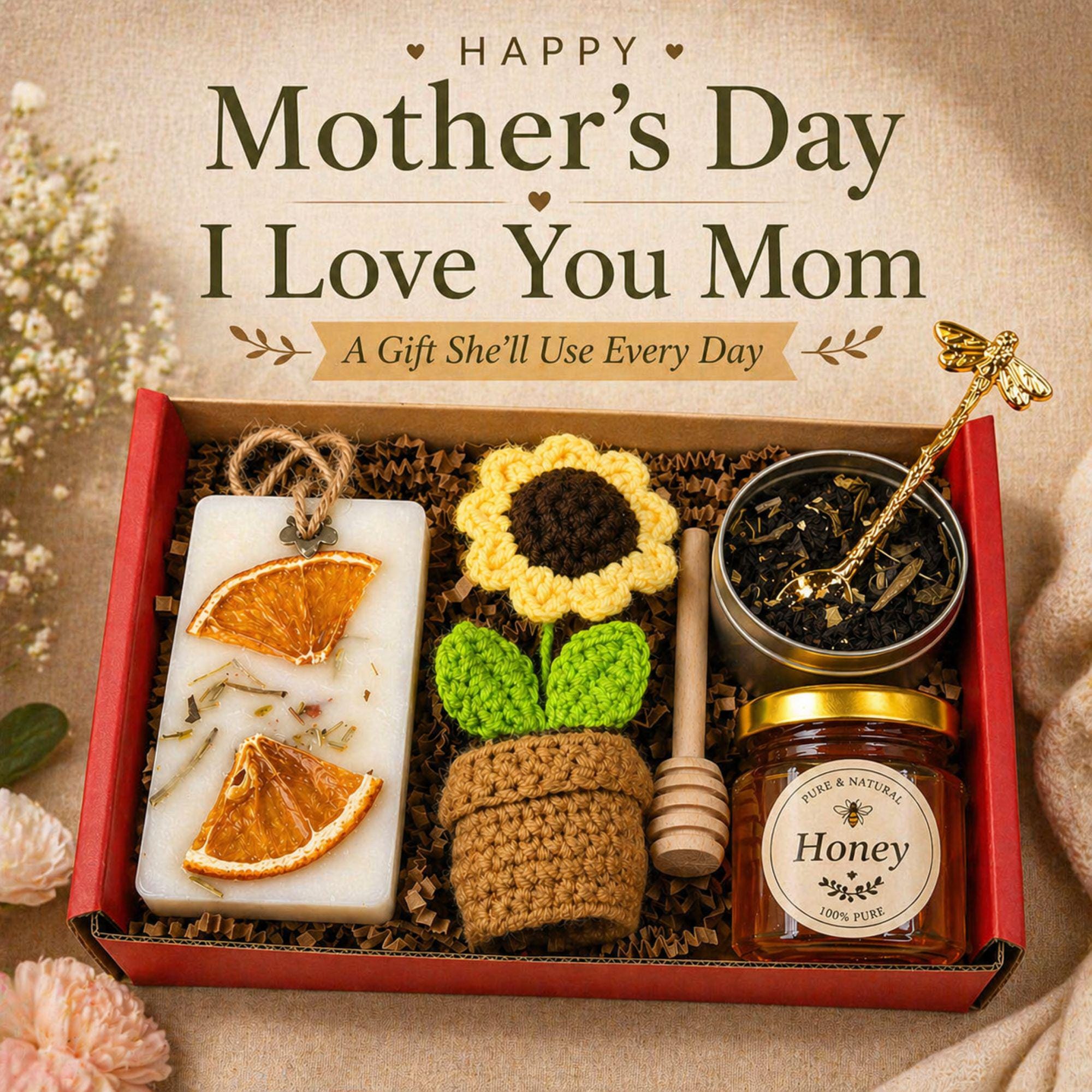 Mothers Day gift box for mom relaxation self care basket spa gift set for her with handmade soap, honey jar, loose leaf tea, gold spoon, crocheted sunflower, cozy care package for mom, I love you mom gift, birthday gift for mom, gift from daughter, thoughtful gift for mother, spa gift basket for women, ready to gift box, premium curated gift set, comfort gift box, unique mothers day gift idea for her