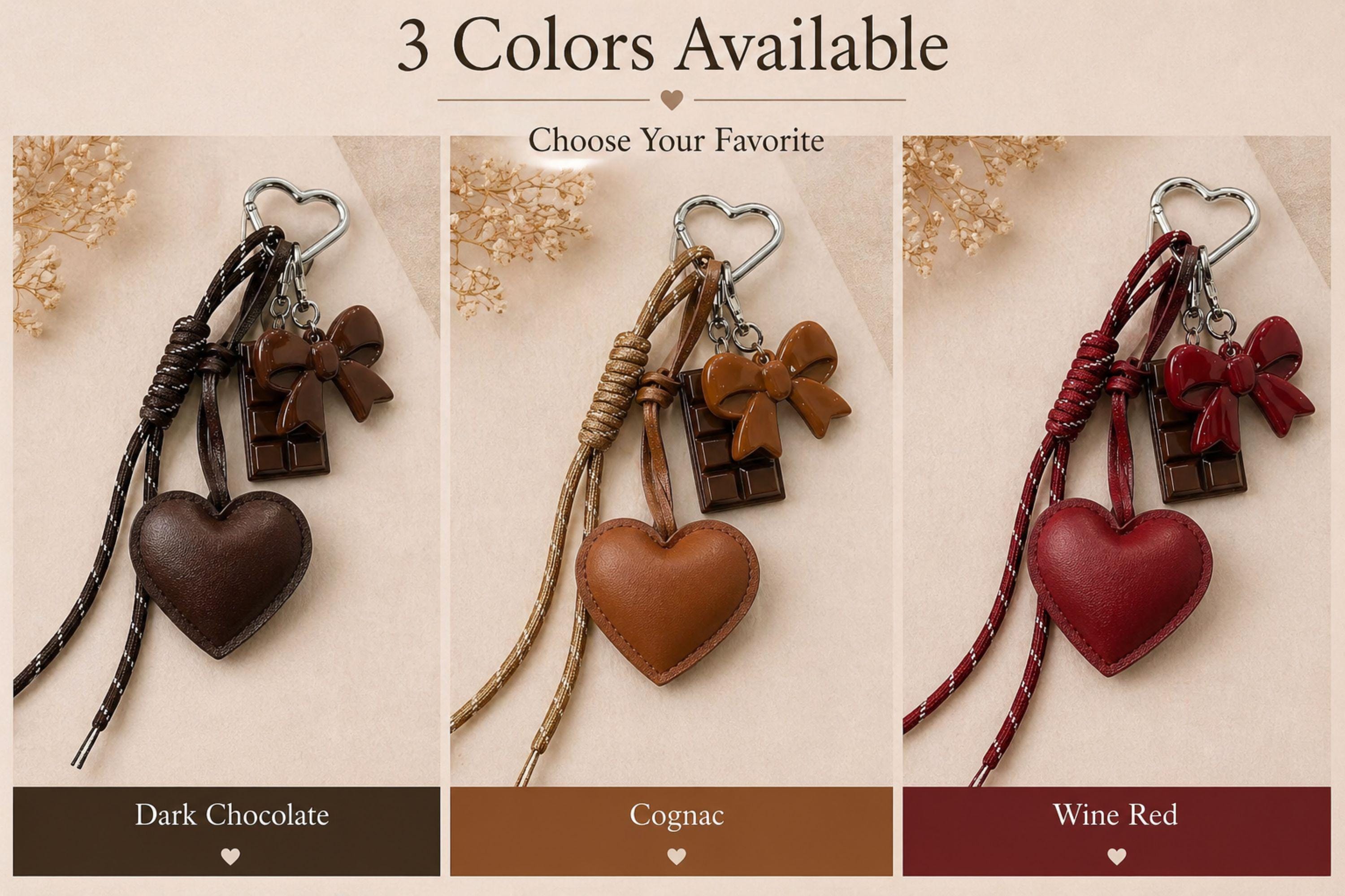 Wine red heart bag charm attached to cream handbag with silver heart clip, trendy coquette purse accessory with glossy red bow charm and chocolate detail, aesthetic Y2K handbag charm, romantic fashion purse accessory, cute layered bag keychain gift for women, Pinterest style statement handbag charm with leather heart detail
