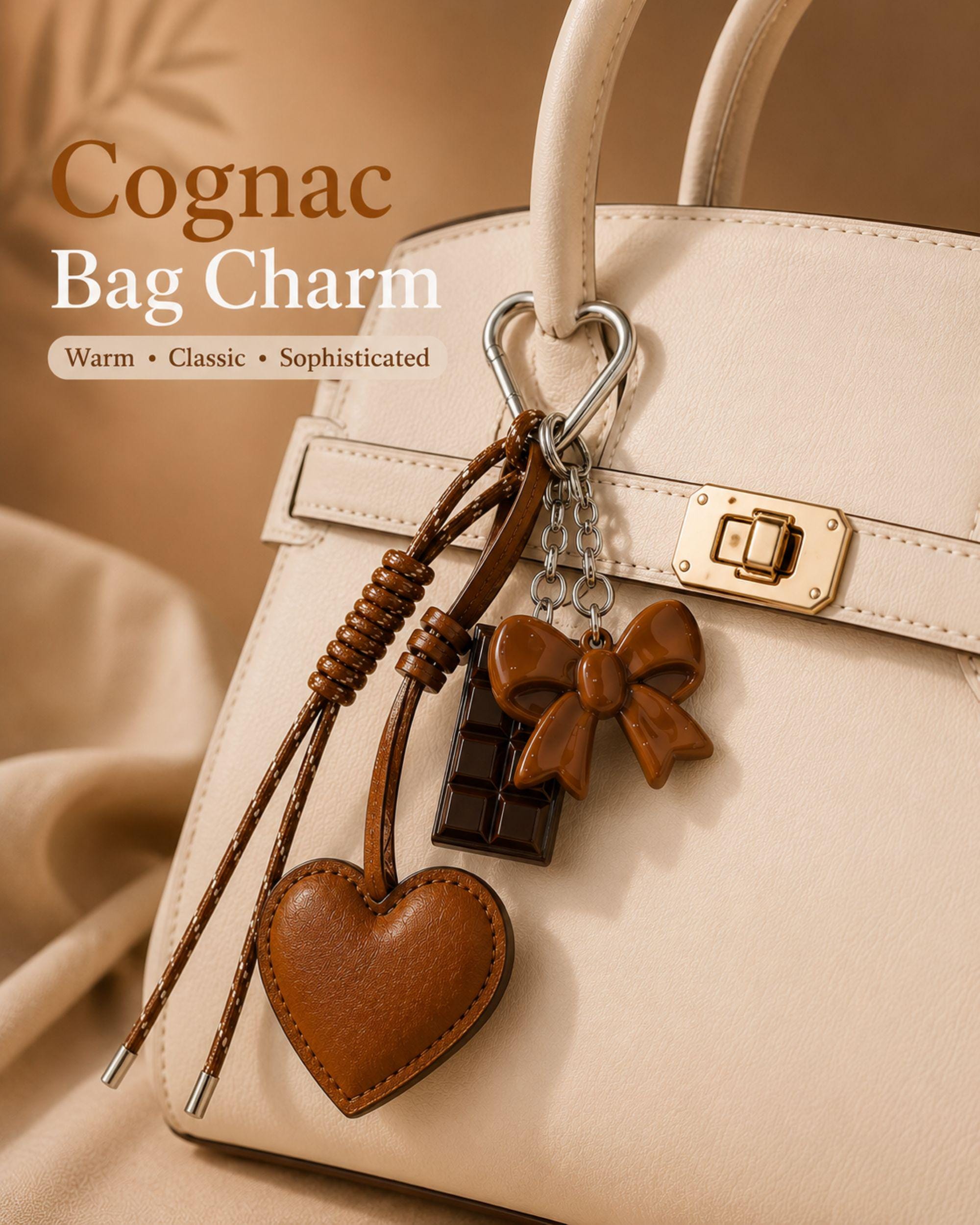 Cognac heart bag charm attached to straw tote bag with silver heart clip, trendy coquette purse accessory with glossy bow charm and chocolate detail, aesthetic Y2K handbag charm, Pinterest style summer bag accessory, neutral fashion purse charm, cute layered handbag keychain for women, warm cognac handbag accessory with leather heart detail