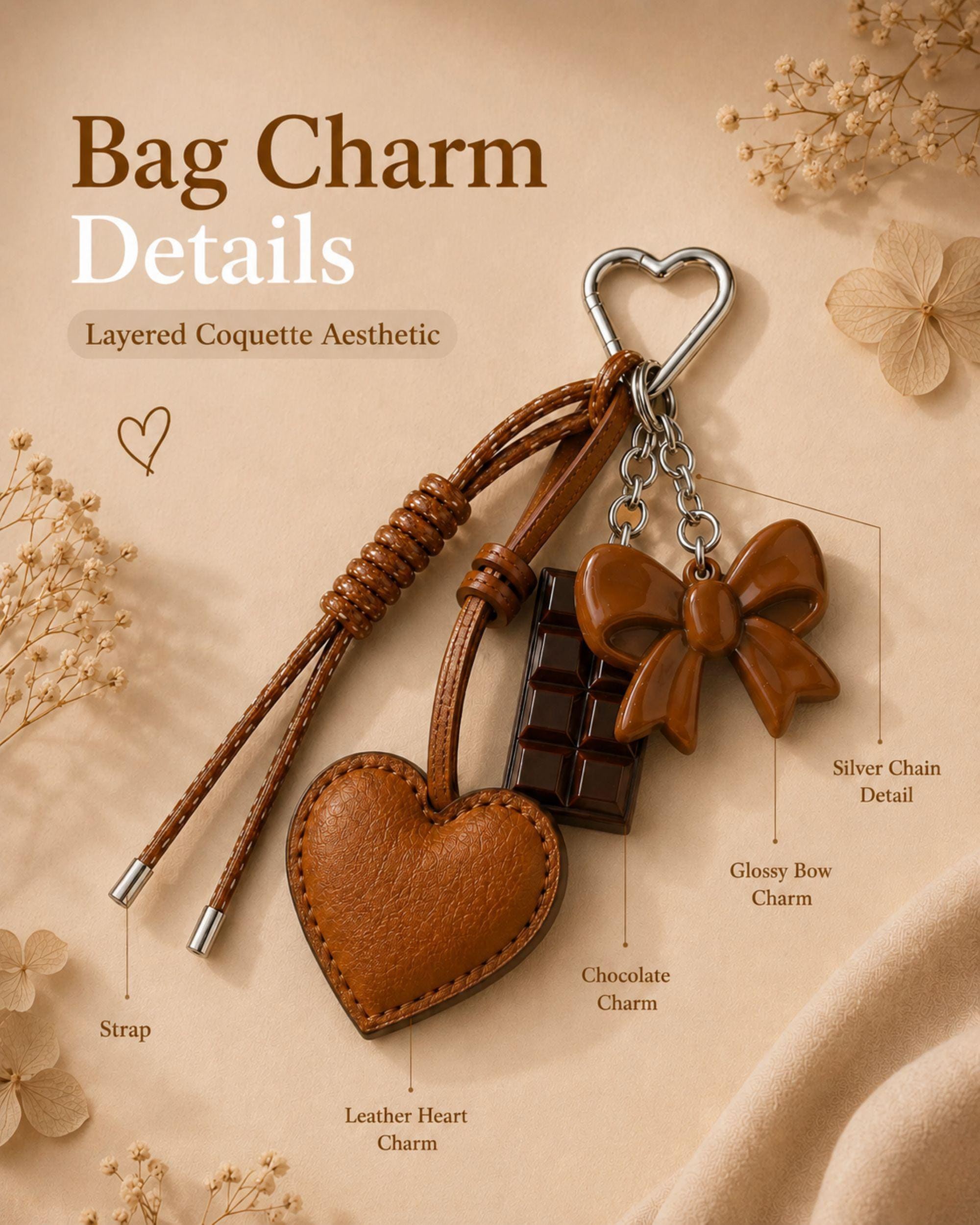 Cognac heart bag charm attached to straw tote bag with silver heart clip, trendy coquette purse accessory with glossy bow charm and chocolate detail, aesthetic Y2K handbag charm, Pinterest style summer bag accessory, neutral fashion purse charm, cute layered handbag keychain for women, warm cognac handbag accessory with leather heart detail