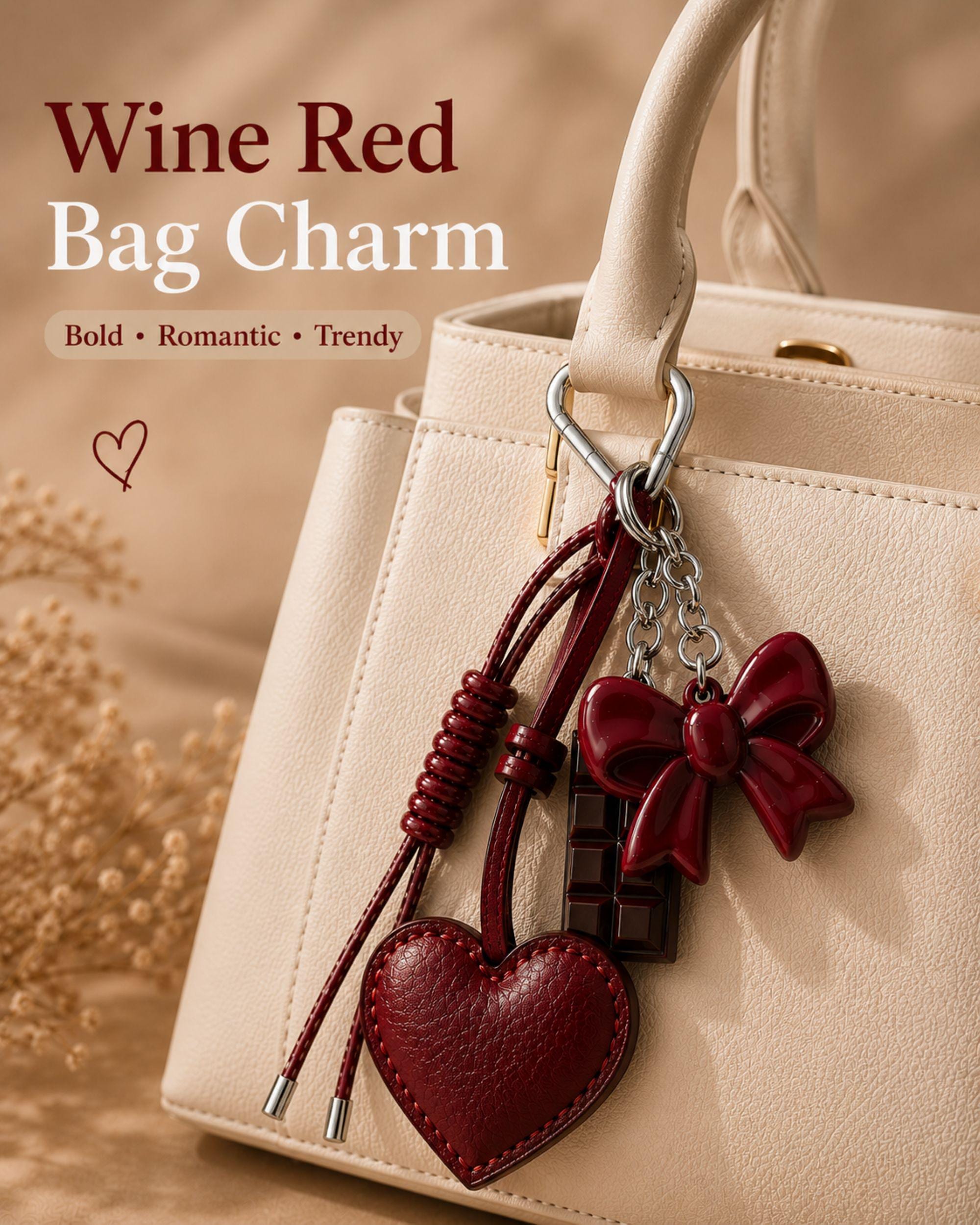 Wine red heart bag charm attached to cream handbag with silver heart clip, trendy coquette purse accessory with glossy red bow charm and chocolate detail, aesthetic Y2K handbag charm, romantic fashion purse accessory, cute layered bag keychain gift for women, Pinterest style statement handbag charm with leather heart detail