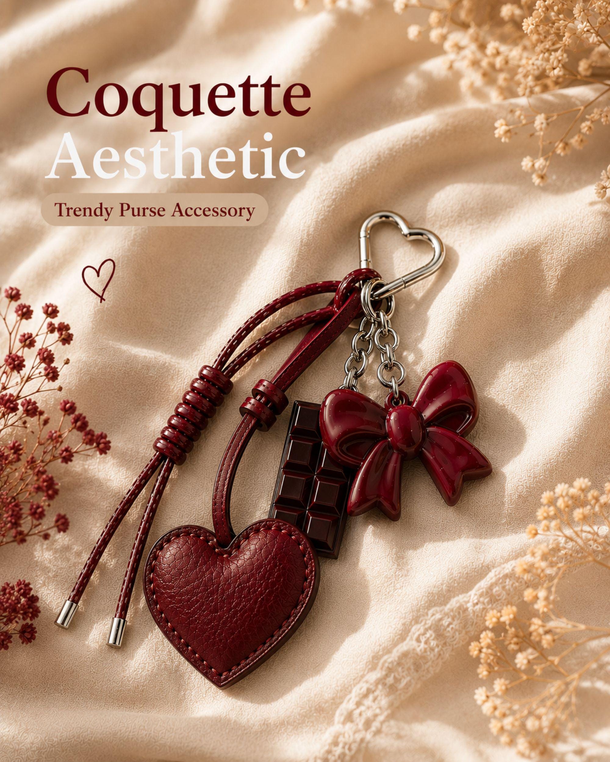 Wine red heart bag charm attached to cream handbag with silver heart clip, trendy coquette purse accessory with glossy red bow charm and chocolate detail, aesthetic Y2K handbag charm, romantic fashion purse accessory, cute layered bag keychain gift for women, Pinterest style statement handbag charm with leather heart detail
