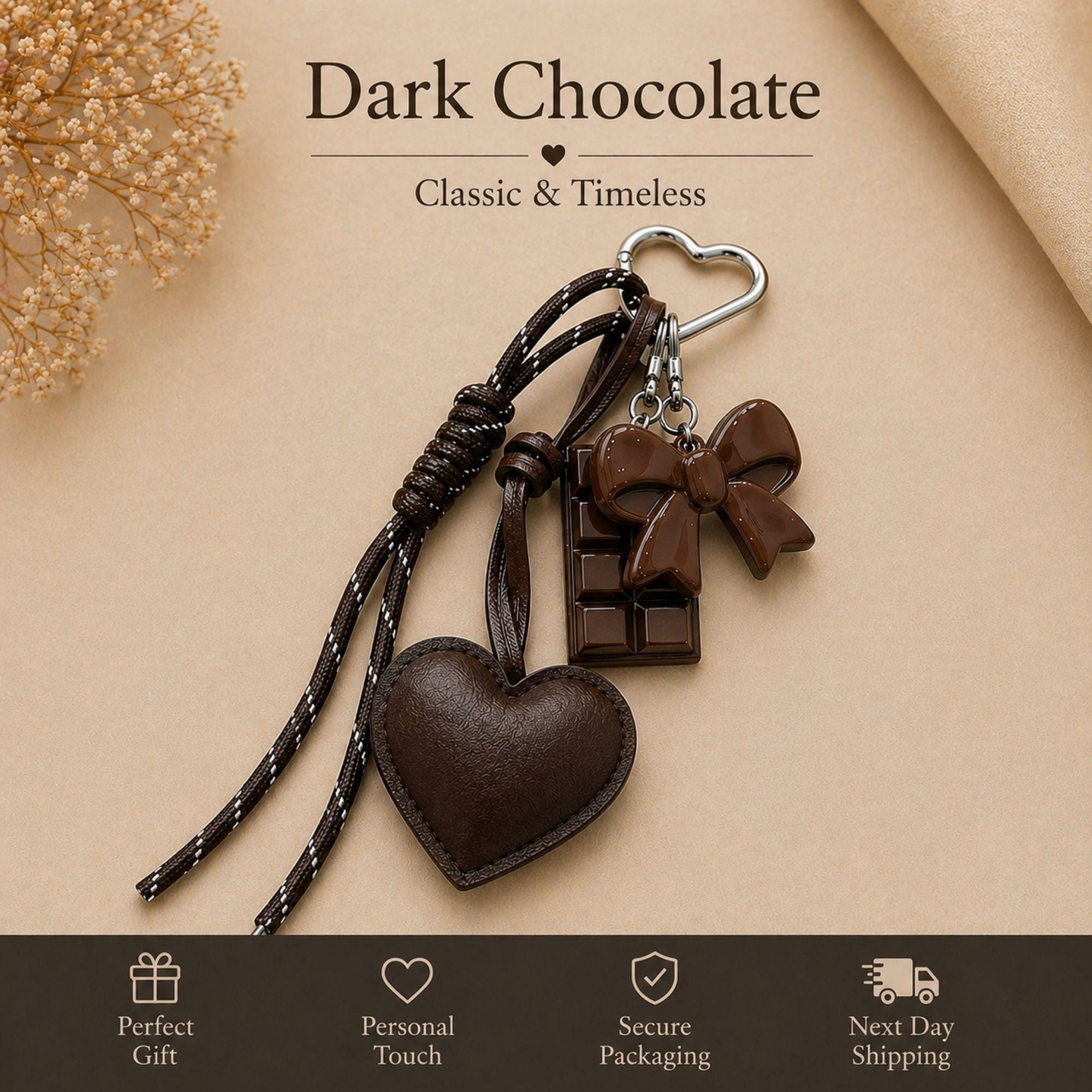 Wine red heart bag charm attached to cream handbag with silver heart clip, trendy coquette purse accessory with glossy red bow charm and chocolate detail, aesthetic Y2K handbag charm, romantic fashion purse accessory, cute layered bag keychain gift for women, Pinterest style statement handbag charm with leather heart detail