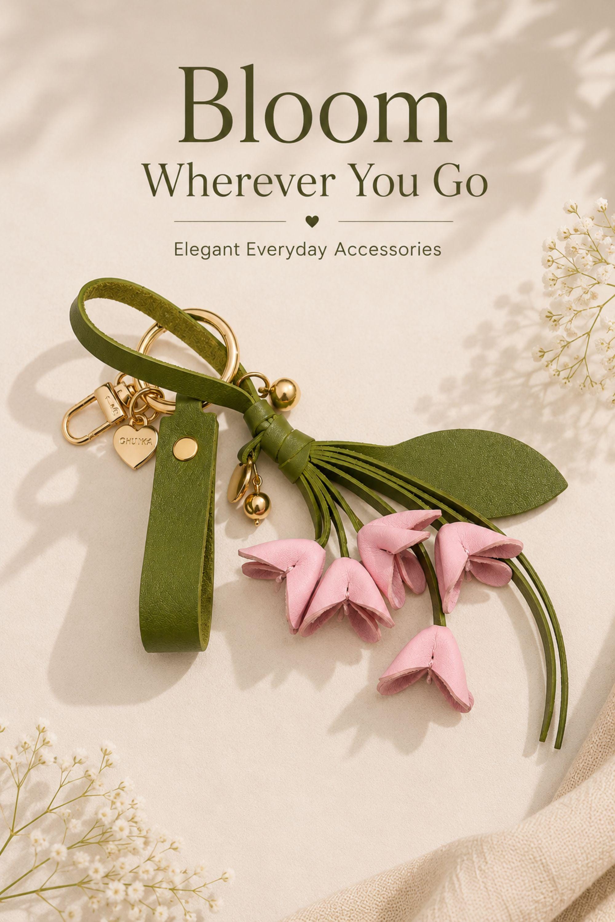 Pink floral leather bag charm with olive green strap and tassel, cute flower purse charm for women, aesthetic handbag accessory, feminine spring bag charm, luxury keychain charm, trendy purse accessory, soft girl bag decor, botanical leather keychain, flower bag accessory for tote bag, luxury handbag charm, coquette style purse charm, floral key holder, cute pink flower keychain gift for her, handmade aesthetic purse accessory