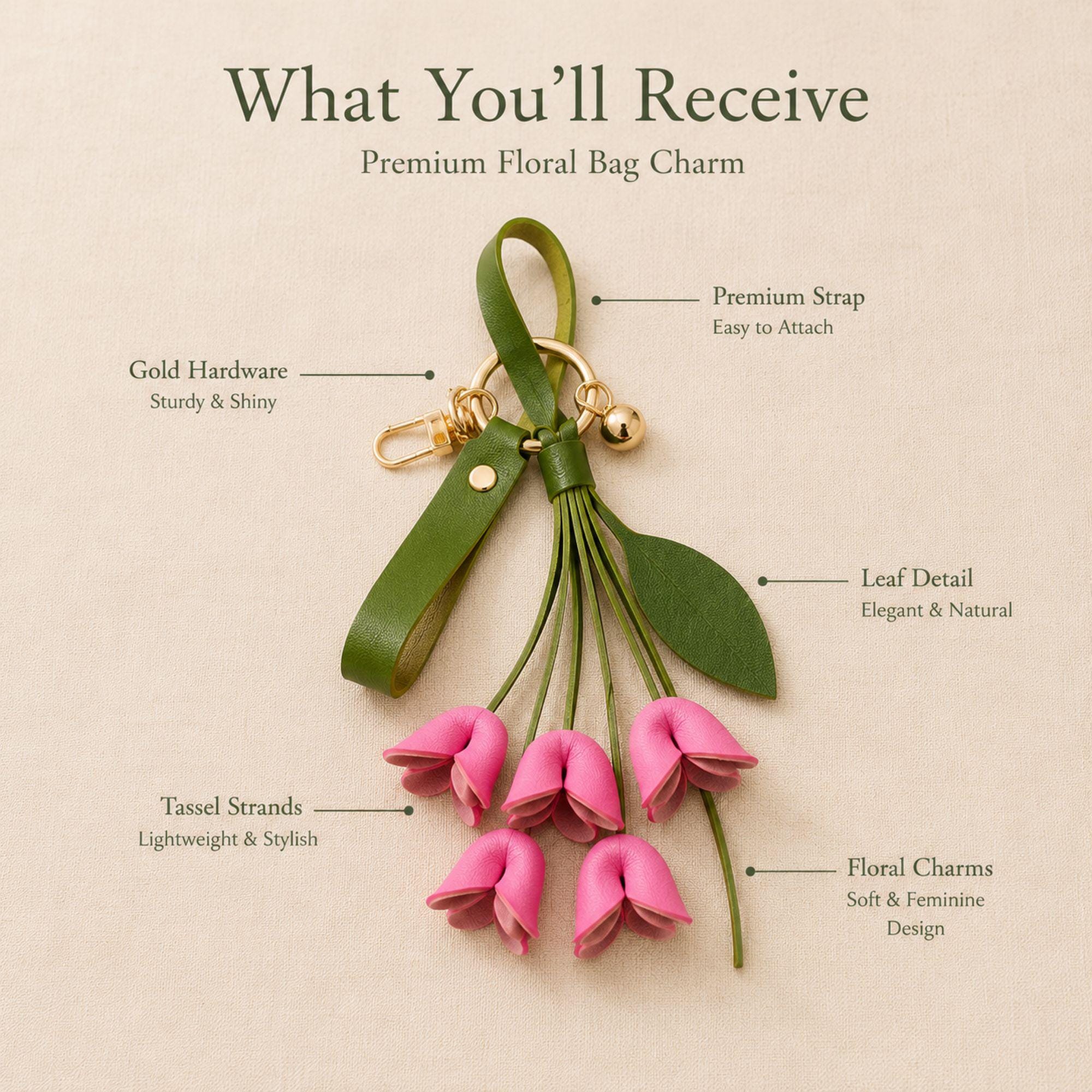 Rose Madder floral bag charm attached to luxury handbag featuring folded leather flowers, olive green leather strap, gold hardware, feminine purse accessory, trendy floral keychain, cute handbag charm, quiet luxury aesthetic, pink leather flower bag accessory, stylish purse charm for women, gift for her, luxury bag accessory, boutique fashion keychain, elegant floral purse accessory, Pinterest inspired handbag charm, soft feminine fashion accessory