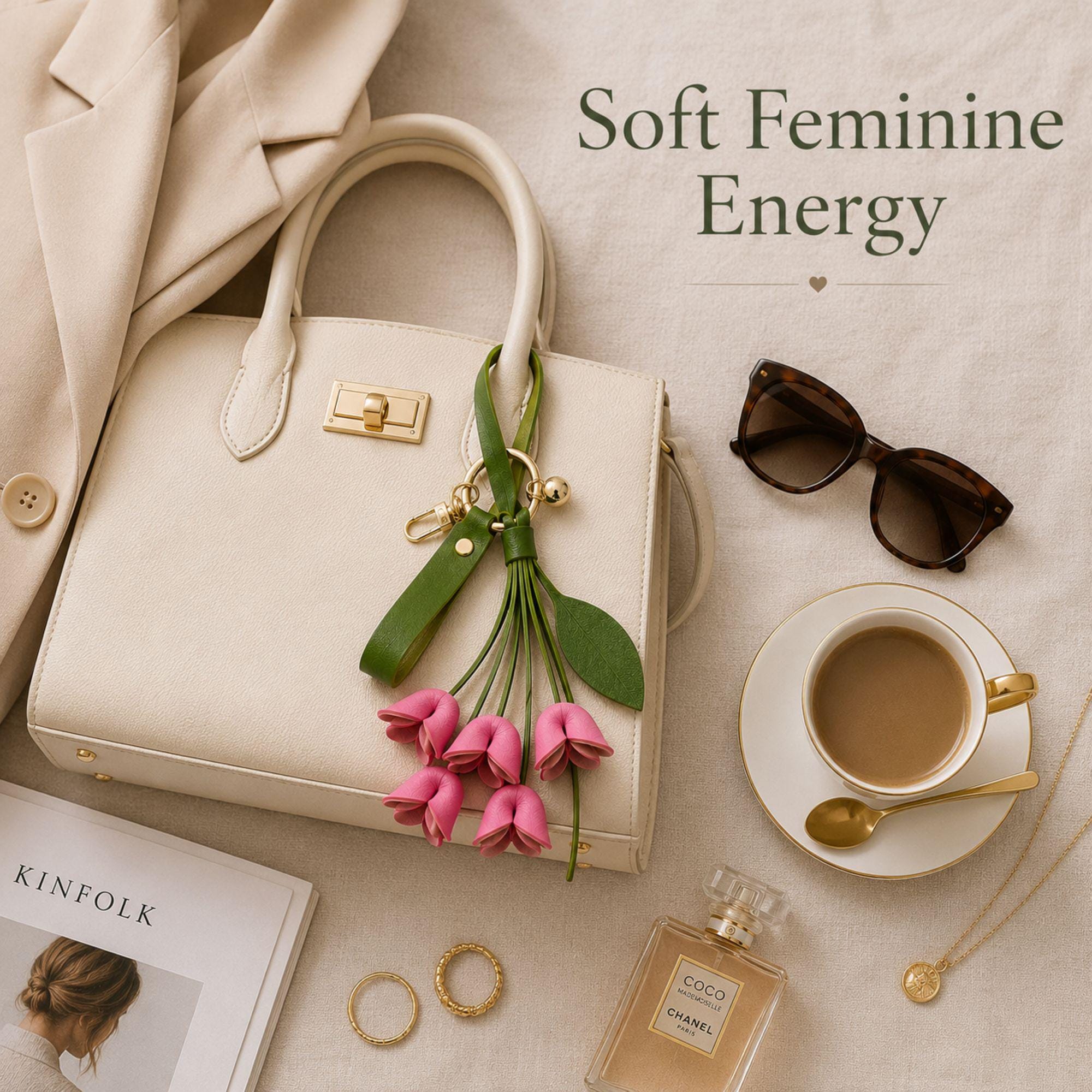 Rose Madder floral bag charm attached to luxury handbag featuring folded leather flowers, olive green leather strap, gold hardware, feminine purse accessory, trendy floral keychain, cute handbag charm, quiet luxury aesthetic, pink leather flower bag accessory, stylish purse charm for women, gift for her, luxury bag accessory, boutique fashion keychain, elegant floral purse accessory, Pinterest inspired handbag charm, soft feminine fashion accessory