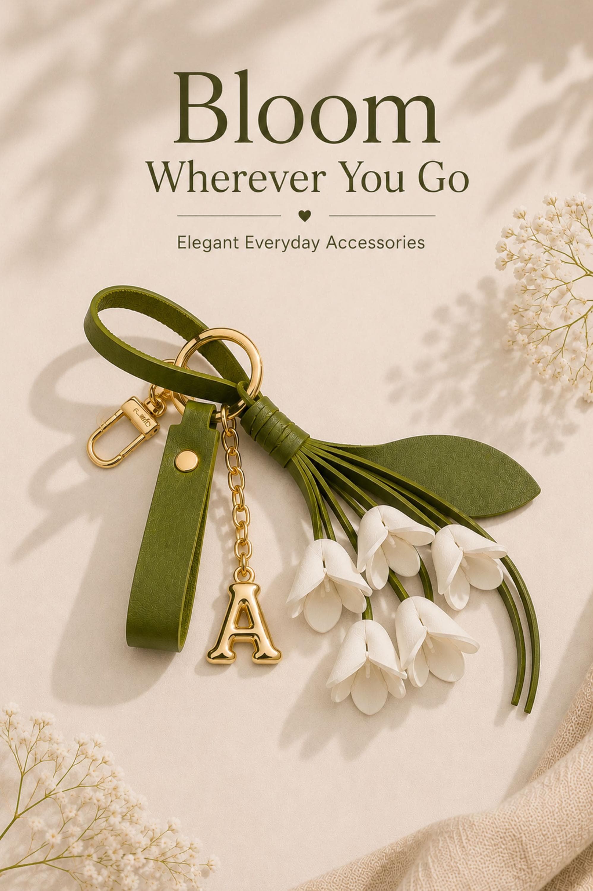 Custom initial bag charm with white folded flowers, green tassel strands, gold hardware and personalized puffy letter charm styled on neutral background. Feminine floral purse accessory for straw tote bags and handbags. Elegant personalized keychain gift for women with quiet luxury aesthetic and summer handbag styling.