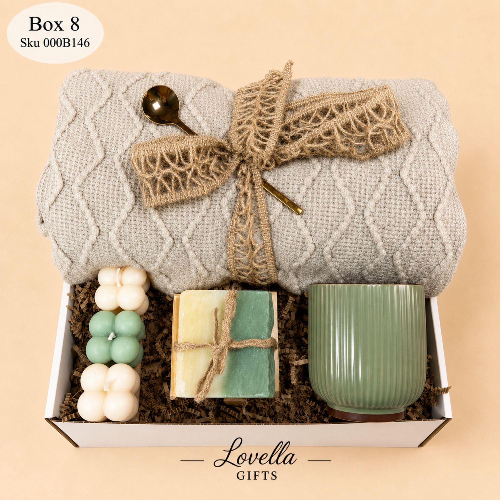 Luxury gift box for him with cozy beige blanket, artisan candle, handmade soap, ceramic mug and gold spoon, masculine self care basket for men, boyfriend gift box, husband birthday gift, cozy blanket gift set, comfort care package for him, get well soon gift for men, hygge relaxation gift basket, thoughtful handmade mens gift box, neutral earthy self care package for dad, boyfriend or coworker, ready to gift masculine care package