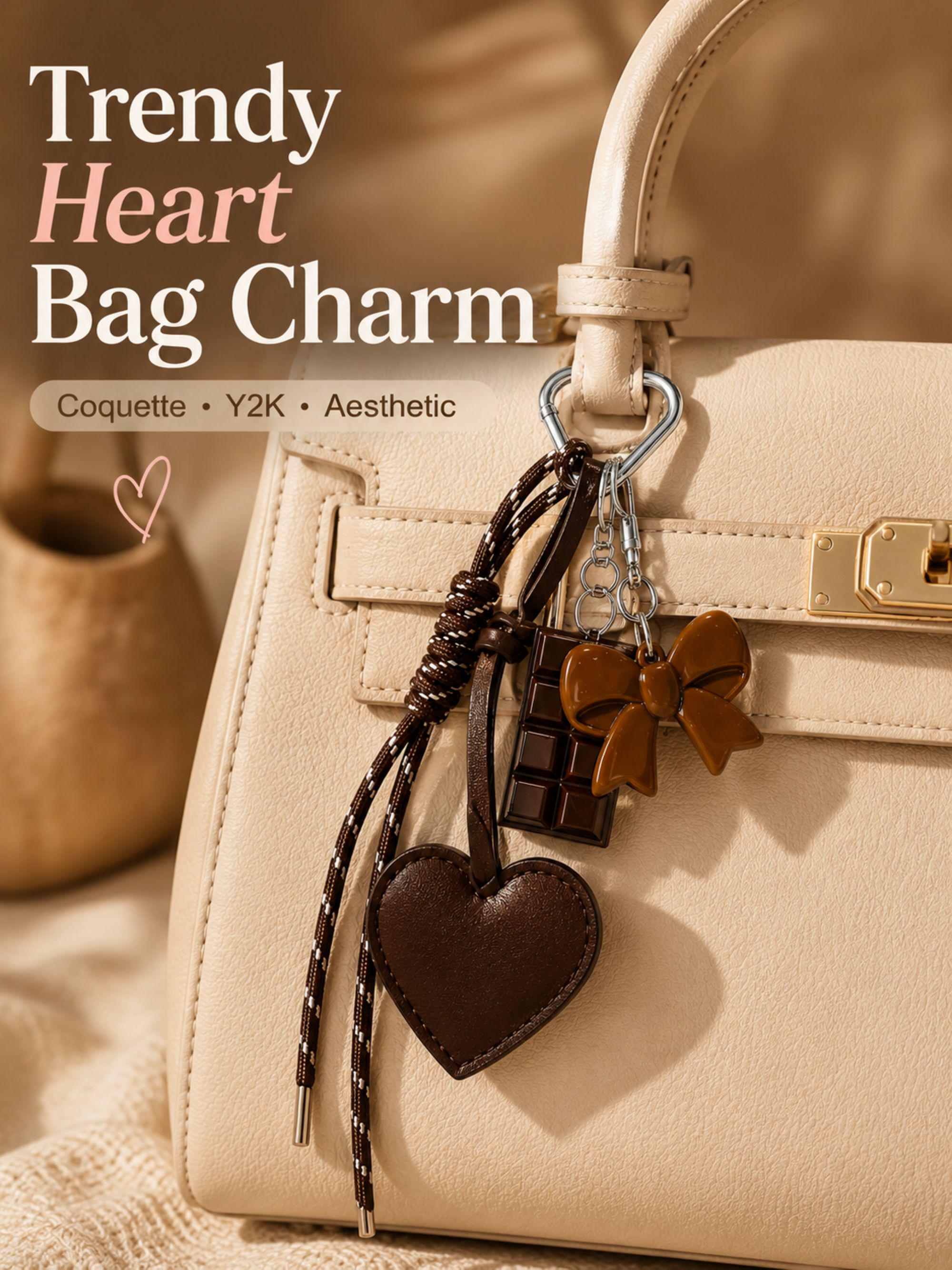 Dark chocolate heart bag charm with silver heart clip attached to luxury handbag, trendy coquette purse accessory with glossy bow charm and chocolate detail, aesthetic Y2K handbag charm, brown bag keychain gift for women, Pinterest style purse accessory, neutral aesthetic fashion charm, cute layered handbag accessory with leather heart detail