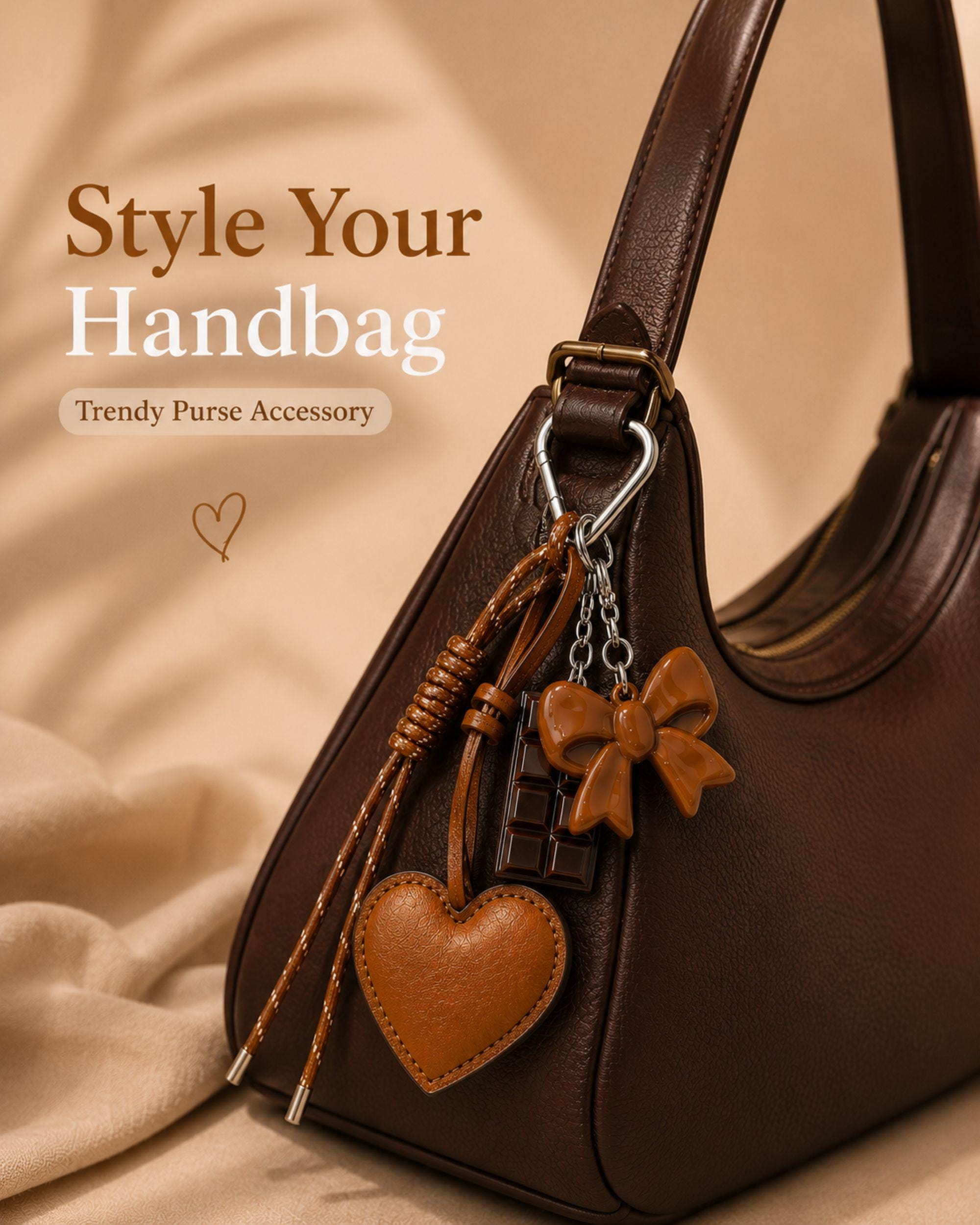 Cognac heart bag charm attached to straw tote bag with silver heart clip, trendy coquette purse accessory with glossy bow charm and chocolate detail, aesthetic Y2K handbag charm, Pinterest style summer bag accessory, neutral fashion purse charm, cute layered handbag keychain for women, warm cognac handbag accessory with leather heart detail