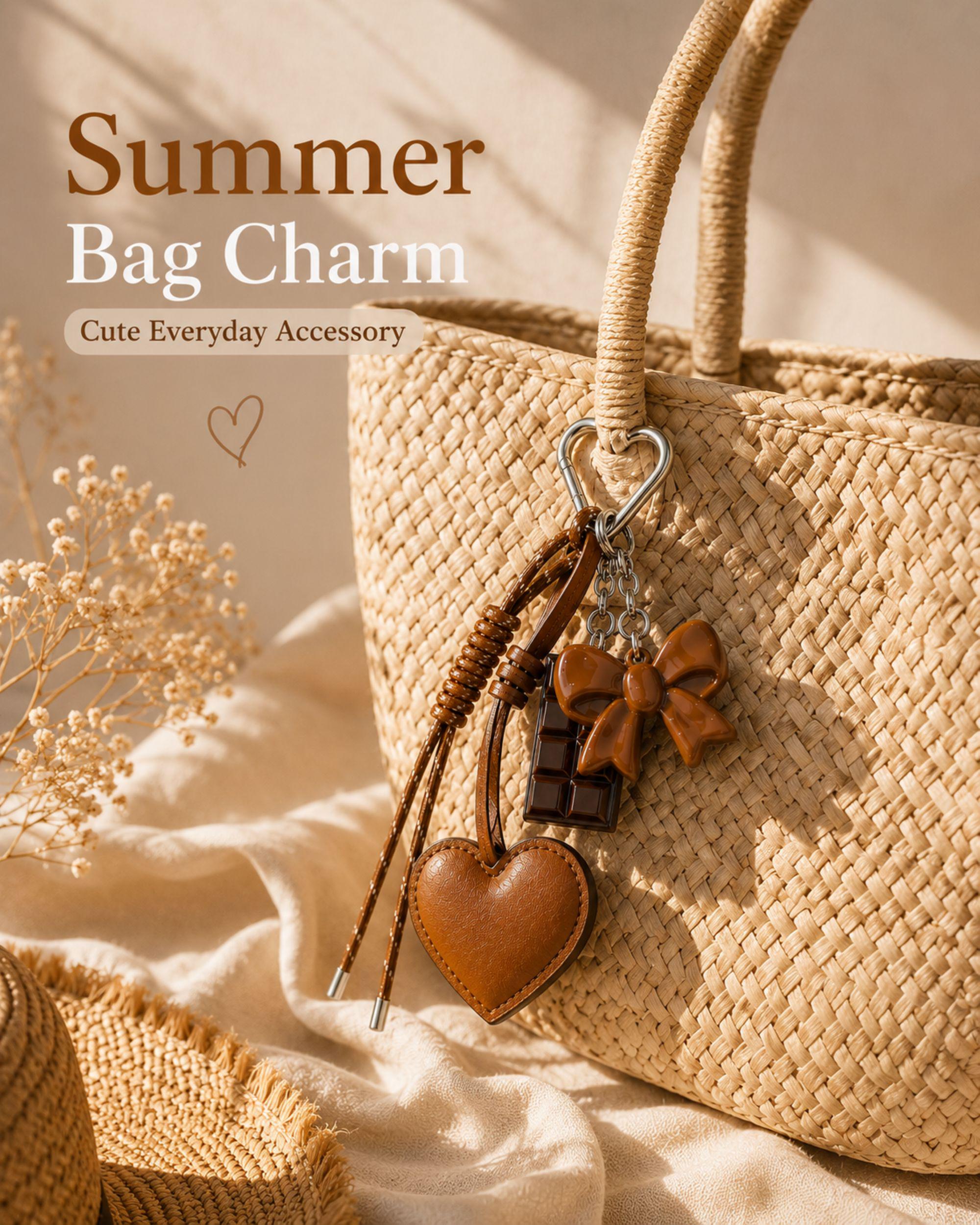 Cognac heart bag charm attached to straw tote bag with silver heart clip, trendy coquette purse accessory with glossy bow charm and chocolate detail, aesthetic Y2K handbag charm, Pinterest style summer bag accessory, neutral fashion purse charm, cute layered handbag keychain for women, warm cognac handbag accessory with leather heart detail