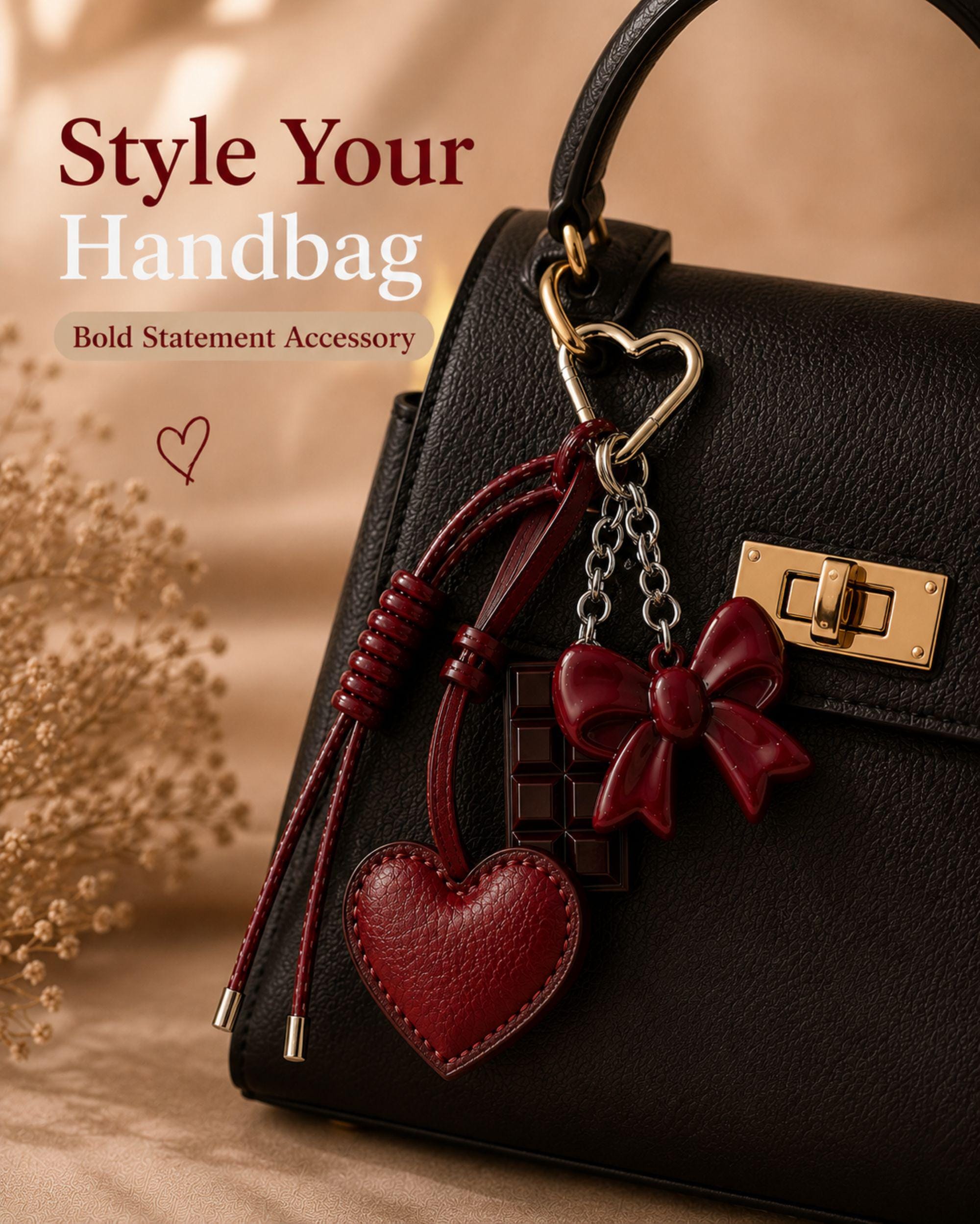 Wine red heart bag charm attached to cream handbag with silver heart clip, trendy coquette purse accessory with glossy red bow charm and chocolate detail, aesthetic Y2K handbag charm, romantic fashion purse accessory, cute layered bag keychain gift for women, Pinterest style statement handbag charm with leather heart detail
