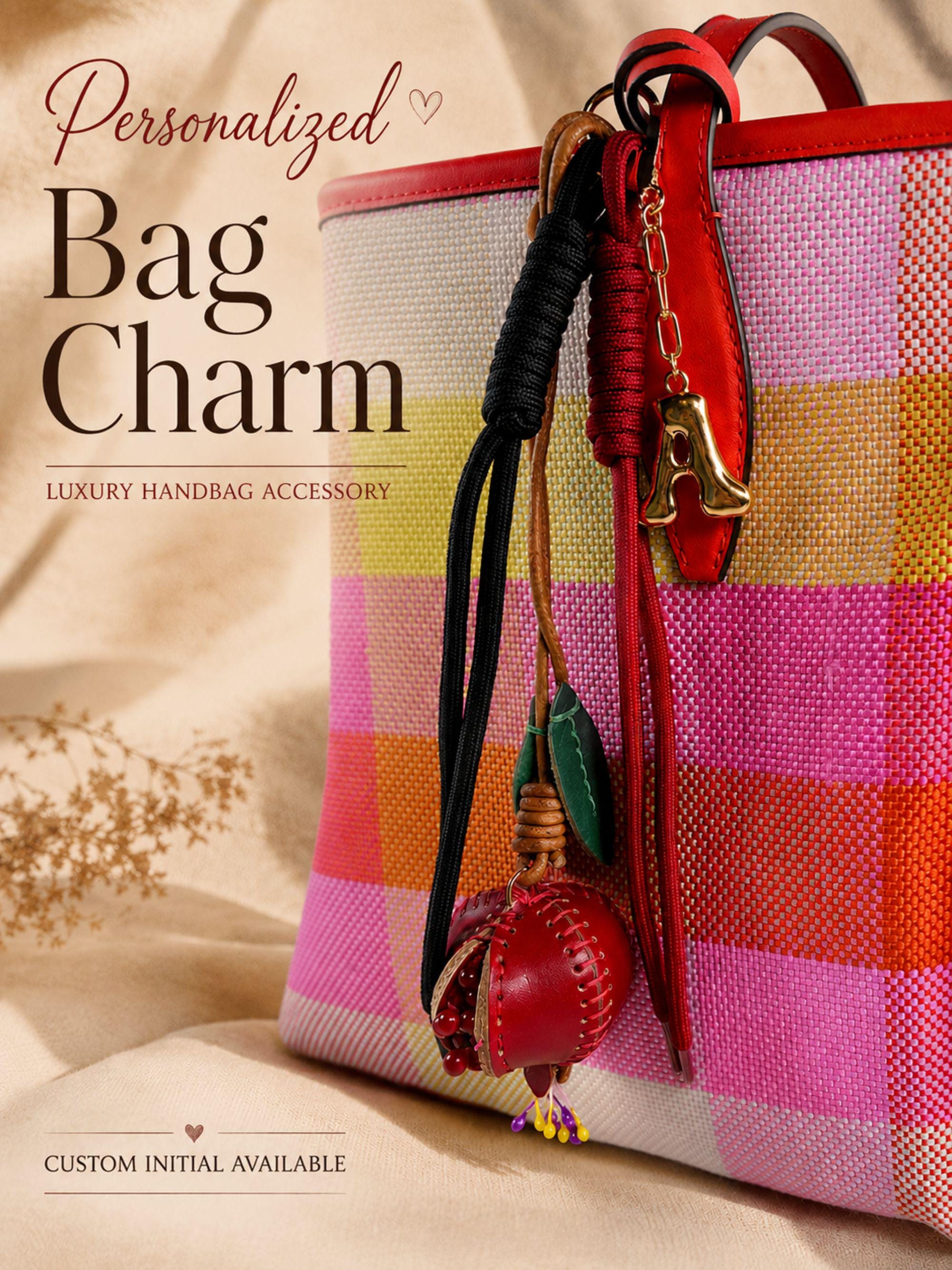 Personalized initial bag charm attached to colorful luxury tote bag with red leather trim, featuring handcrafted tassel cords, gold letter charm, artisan leather fruit accessory and boutique handbag styling. Luxury purse charm accessory for women, colorful handbag keychain, trendy tote bag decor, designer inspired purse accessory, custom initial charm gift for her, summer bag accessory, cute handbag charm, stylish purse keychain.