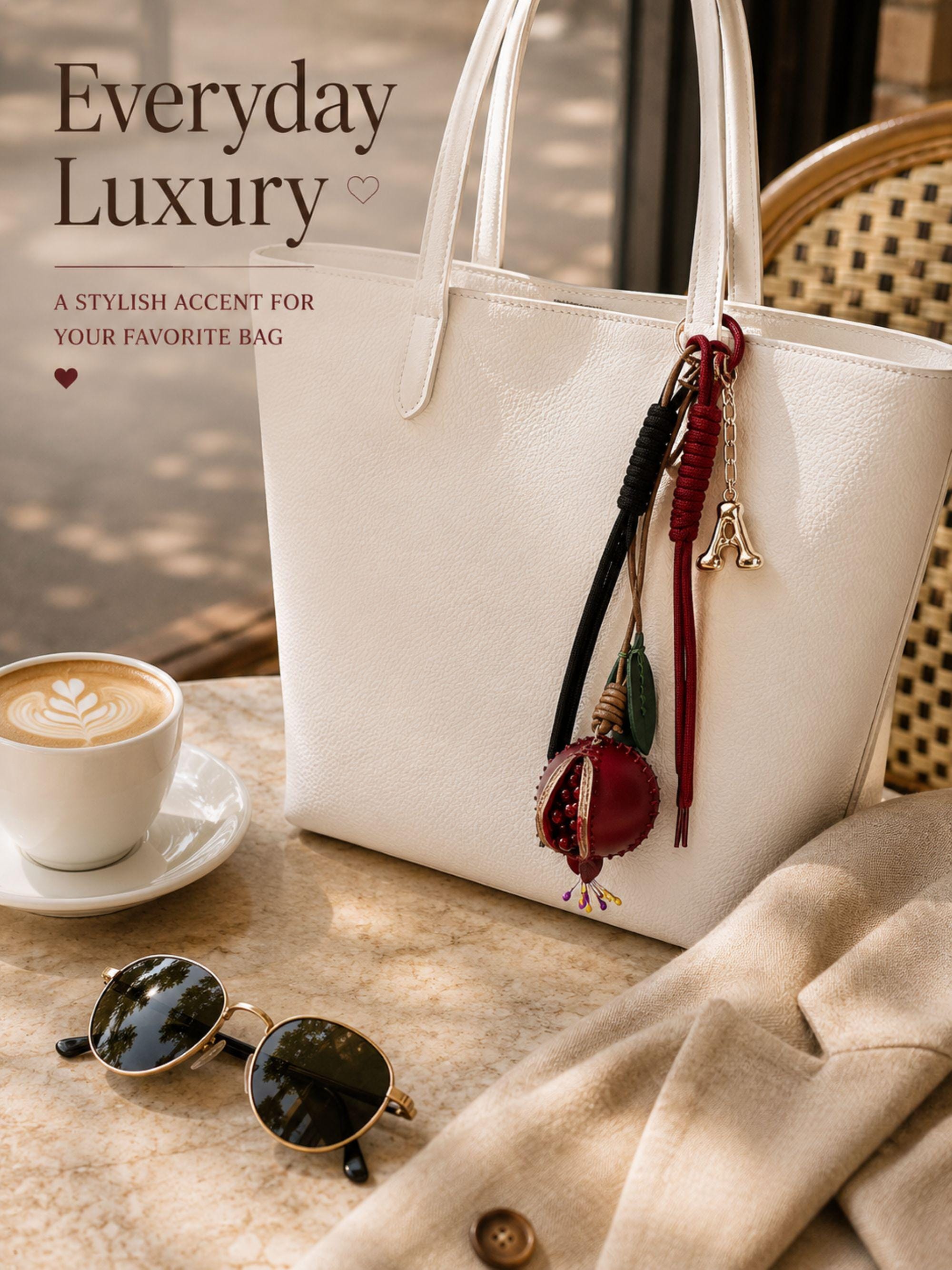 Personalized initial bag charm attached to colorful luxury tote bag with red leather trim, featuring handcrafted tassel cords, gold letter charm, artisan leather fruit accessory and boutique handbag styling. Luxury purse charm accessory for women, colorful handbag keychain, trendy tote bag decor, designer inspired purse accessory, custom initial charm gift for her, summer bag accessory, cute handbag charm, stylish purse keychain.