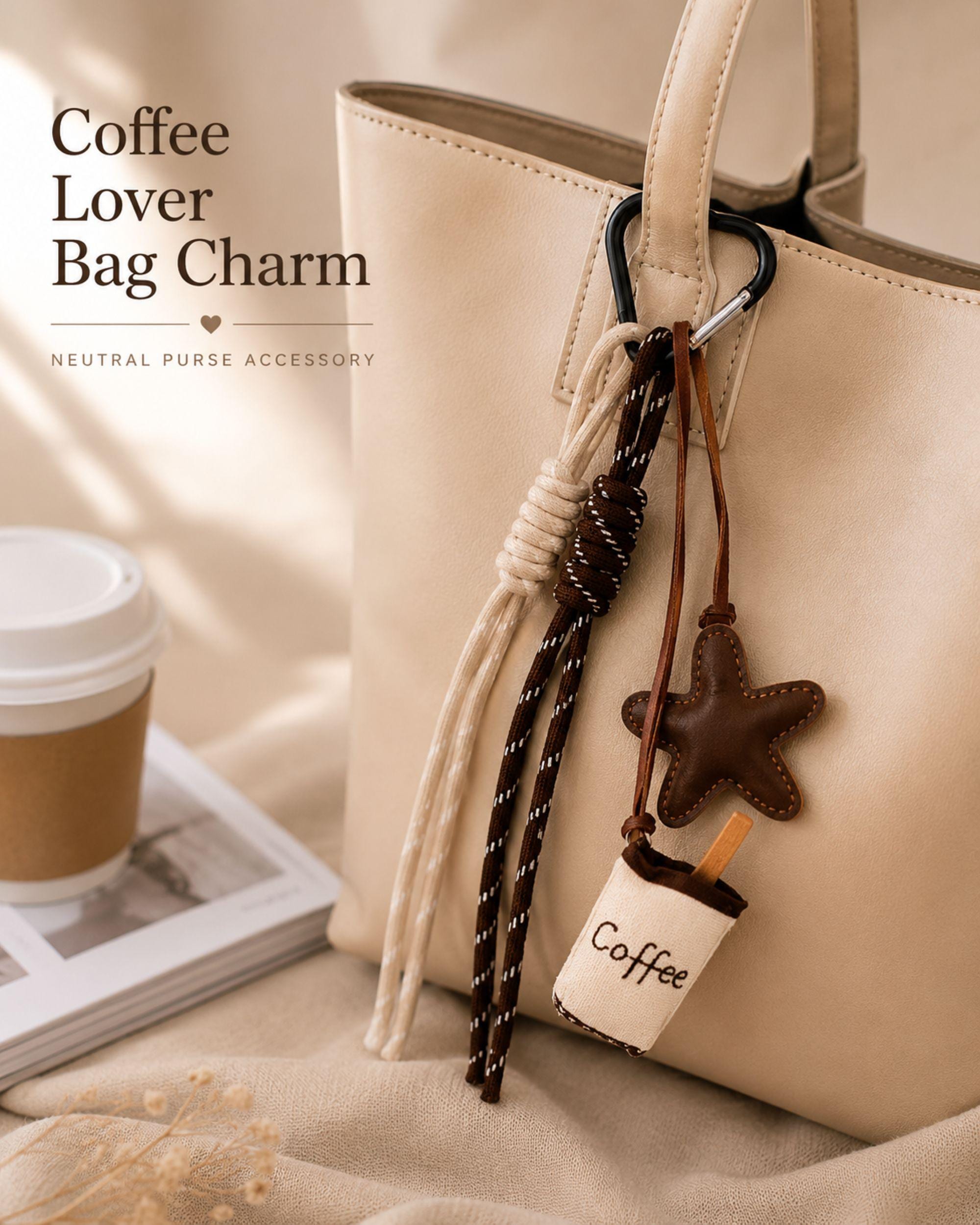 Coffee lover bag charm with neutral brown and cream tassels, soft star charm and handmade coffee cup accessory attached to beige handbag. Trendy purse charm for women with café aesthetic styling and minimalist boutique design. Cute handbag accessory for tote bags, backpacks and purses featuring layered rope details and cozy coffee inspired neutral tones. Fashionable coffee themed bag charm gift for coffee lovers and trendy everyday handbag styling.