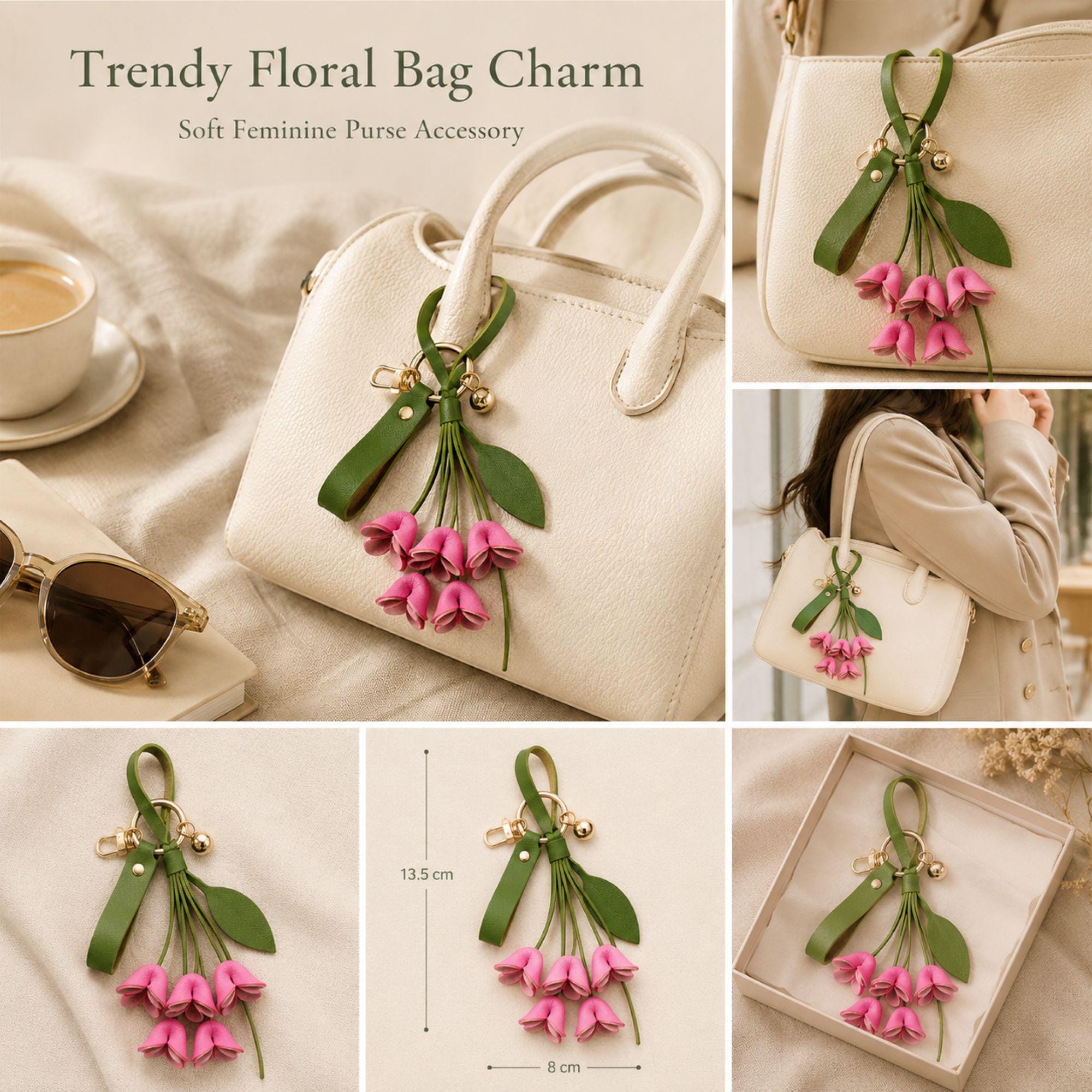 Rose Madder floral bag charm attached to luxury handbag featuring folded leather flowers, olive green leather strap, gold hardware, feminine purse accessory, trendy floral keychain, cute handbag charm, quiet luxury aesthetic, pink leather flower bag accessory, stylish purse charm for women, gift for her, luxury bag accessory, boutique fashion keychain, elegant floral purse accessory, Pinterest inspired handbag charm, soft feminine fashion accessory