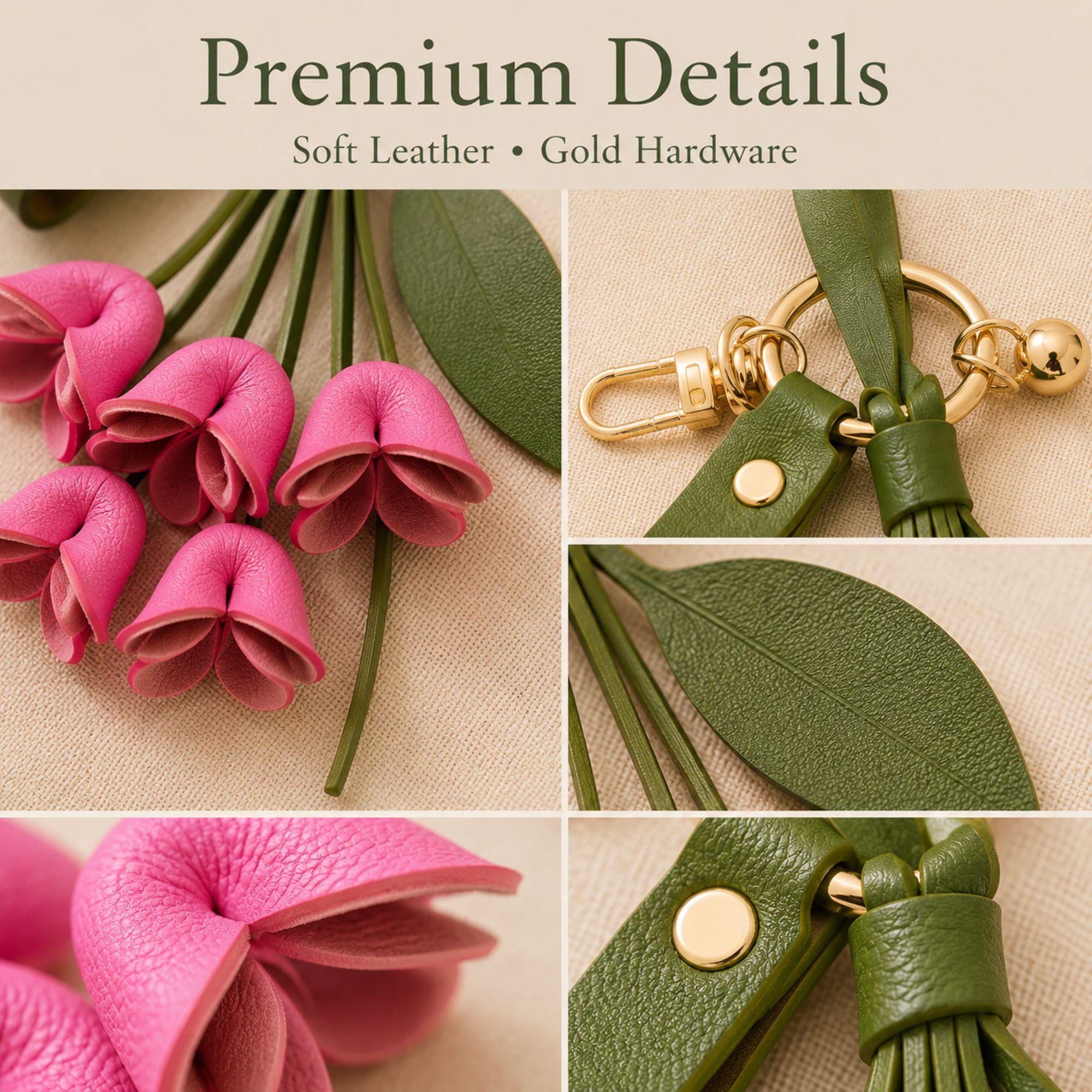 Rose Madder floral bag charm attached to luxury handbag featuring folded leather flowers, olive green leather strap, gold hardware, feminine purse accessory, trendy floral keychain, cute handbag charm, quiet luxury aesthetic, pink leather flower bag accessory, stylish purse charm for women, gift for her, luxury bag accessory, boutique fashion keychain, elegant floral purse accessory, Pinterest inspired handbag charm, soft feminine fashion accessory