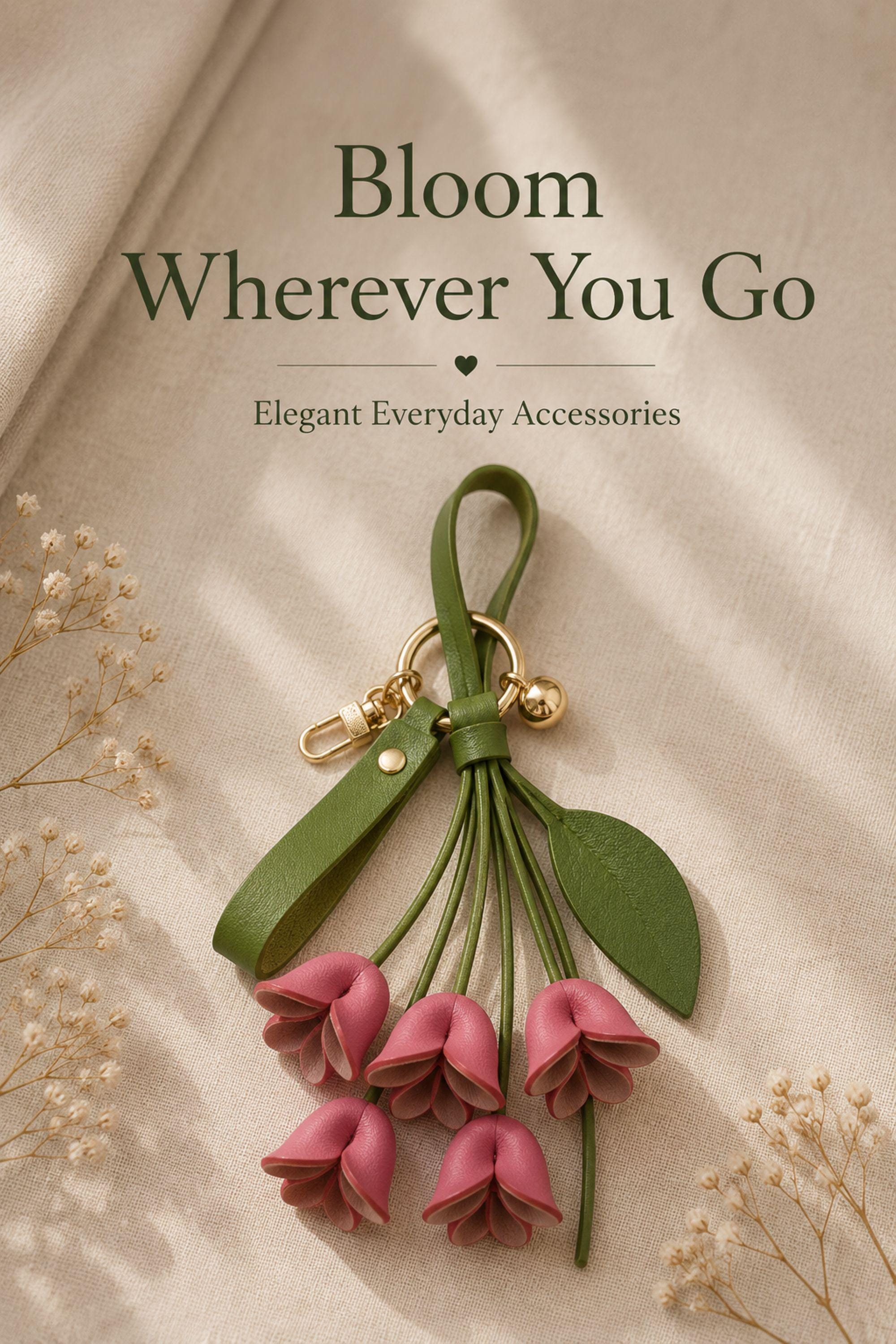 Rose Madder floral bag charm attached to luxury handbag featuring folded leather flowers, olive green leather strap, gold hardware, feminine purse accessory, trendy floral keychain, cute handbag charm, quiet luxury aesthetic, pink leather flower bag accessory, stylish purse charm for women, gift for her, luxury bag accessory, boutique fashion keychain, elegant floral purse accessory, Pinterest inspired handbag charm, soft feminine fashion accessory