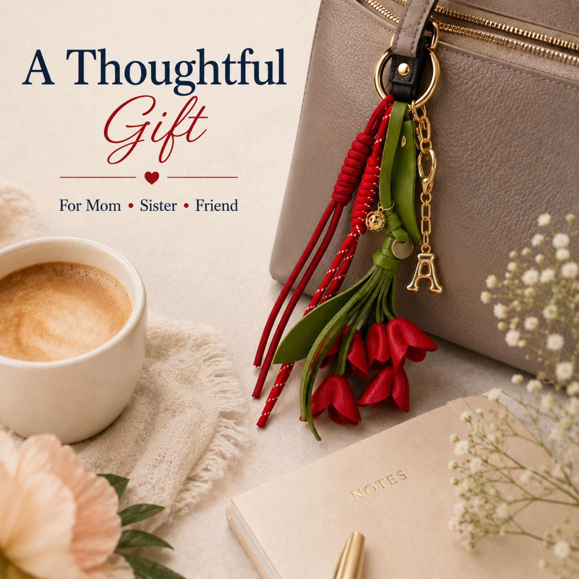 red tulip bag charm, floral purse charm, personalized initial keychain, handbag accessory for women, red flower keychain, tulip handbag charm, tote bag accessory, backpack charm, custom initial charm, gift for mom, gift for sister, gift for friend, floral bag decoration, boutique handbag accessory, red tulip keychain, personalized purse charm, cute bag charm, fashionable handbag accessory, women's bag charm, floral gift for her