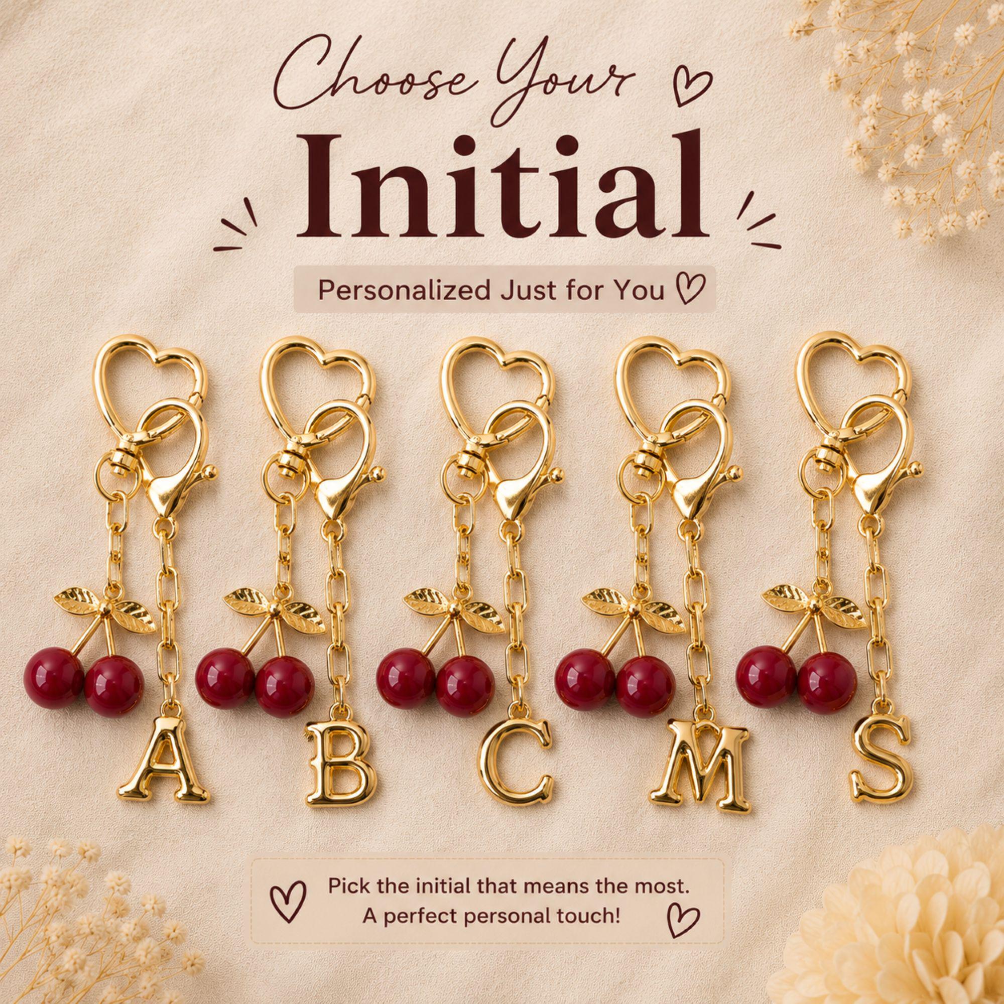 personalized cherry bag charm with initial letter, custom cherry keychain for women, red cherry purse charm, gold handbag accessory, cute bag charm for tote bag, aesthetic cherry keychain, custom initial purse charm, gift for her, sister gift, best friend gift, teen girl gift, personalized handbag accessory, trendy cherry charm, coquette bag charm, red cherry keyring, custom letter keychain, fashionable purse accessory, handmade gift, boutique bag charm, luxury handbag charm