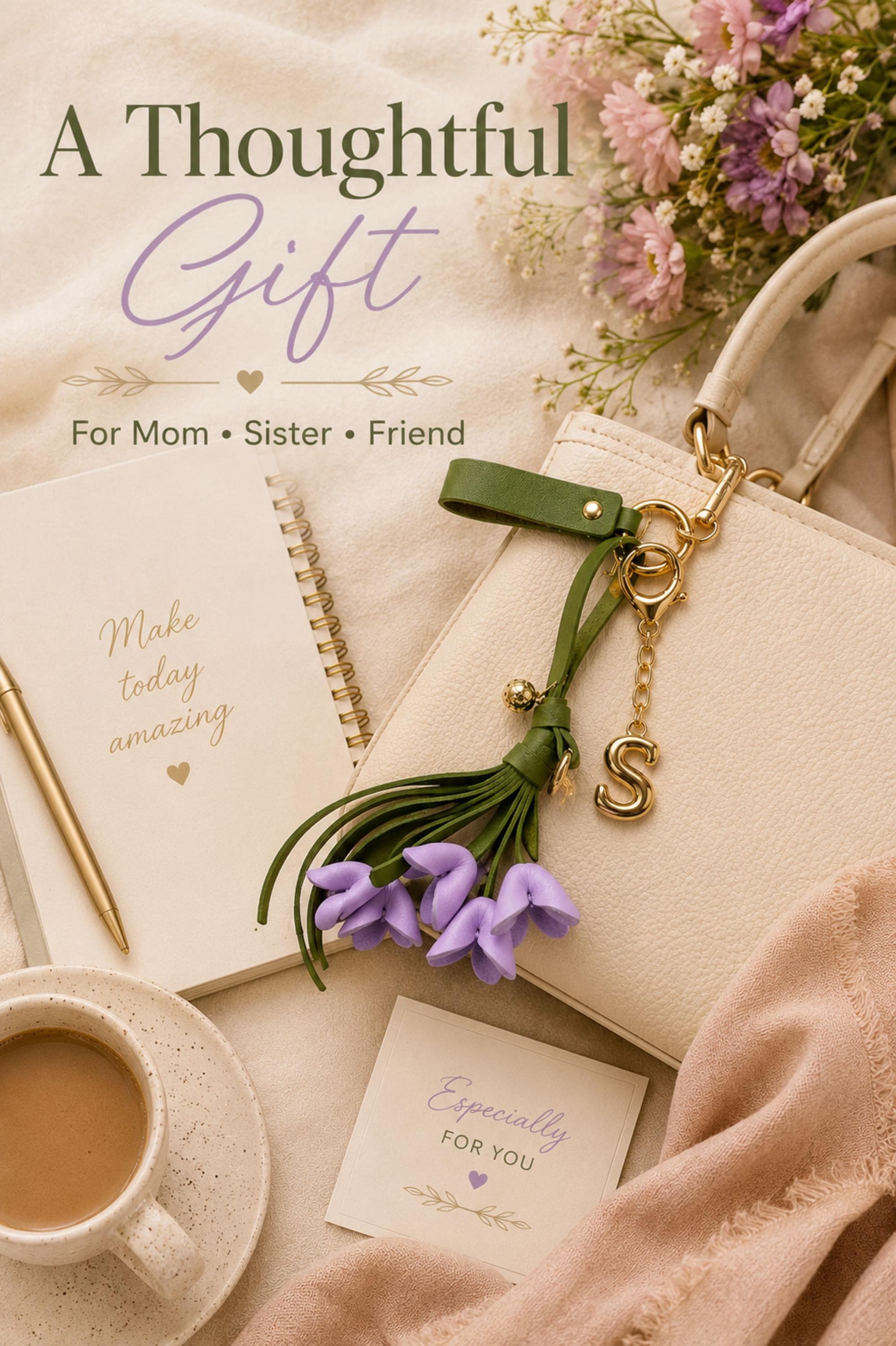 personalized floral bag charm with initial letter, lilac flower keychain, handmade purse charm, handbag accessory for women, custom initial charm, sage green tassel keychain, botanical purse accessory, personalized gift for mom, sister gift idea, bridesmaid gift, elegant handbag charm, flower purse decoration, custom keychain for women, lilac floral bag accessory, boutique handmade keychain