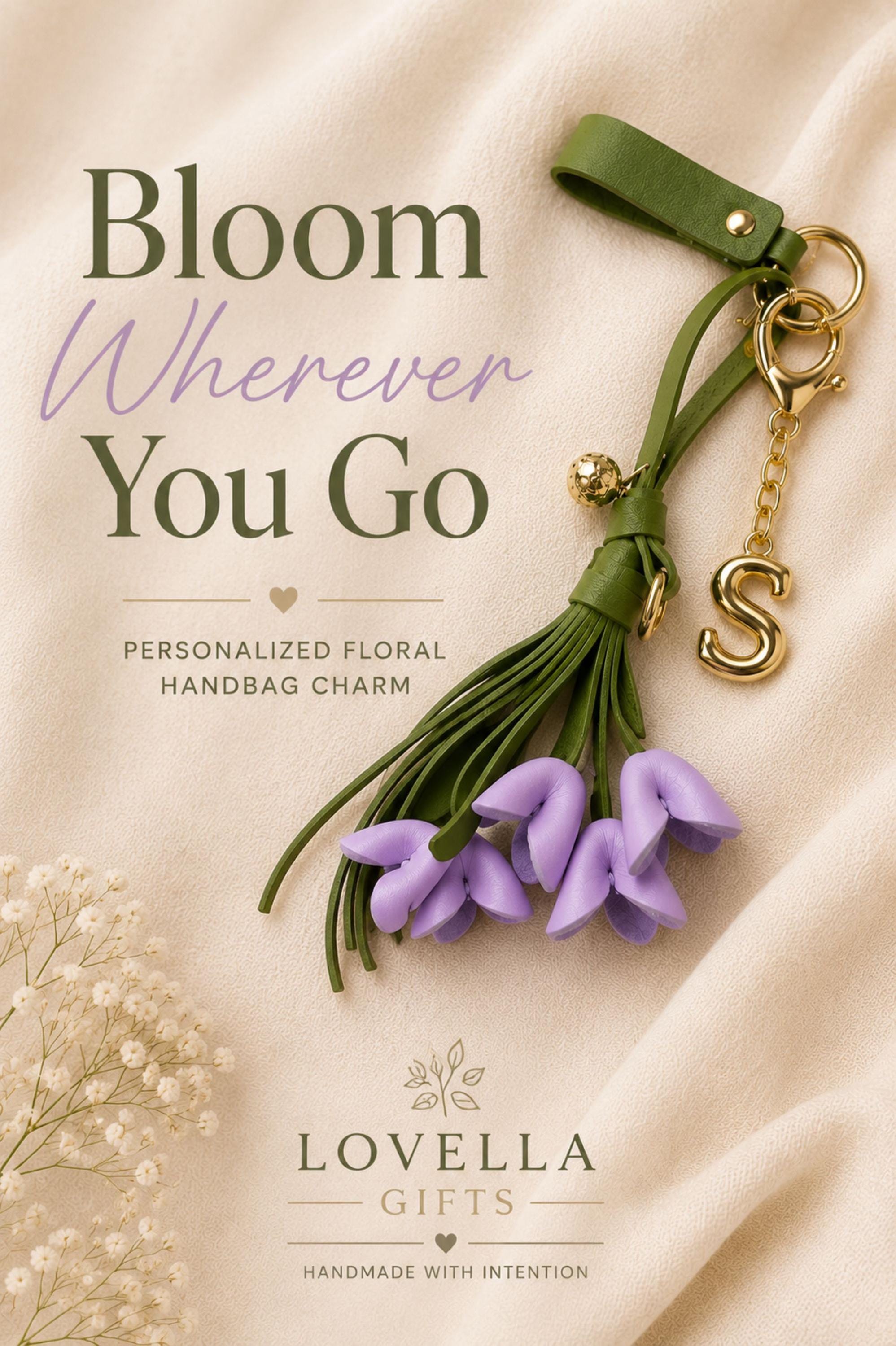 personalized floral bag charm with initial letter, lilac flower keychain, handmade purse charm, handbag accessory for women, custom initial charm, sage green tassel keychain, botanical purse accessory, personalized gift for mom, sister gift idea, bridesmaid gift, elegant handbag charm, flower purse decoration, custom keychain for women, lilac floral bag accessory, boutique handmade keychain
