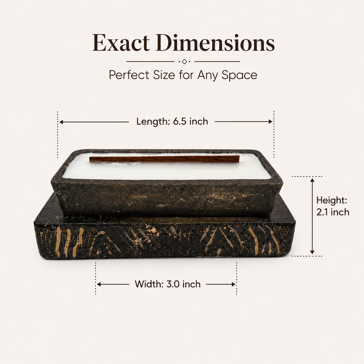 Decorative sculptural candle size chart showing exact dimensions of 6.5 inch length, 3.0 inch width, and 2.1 inch height, luxury handmade candle for home decor, housewarming gift, modern interior decoration, and coffee table centerpiece.