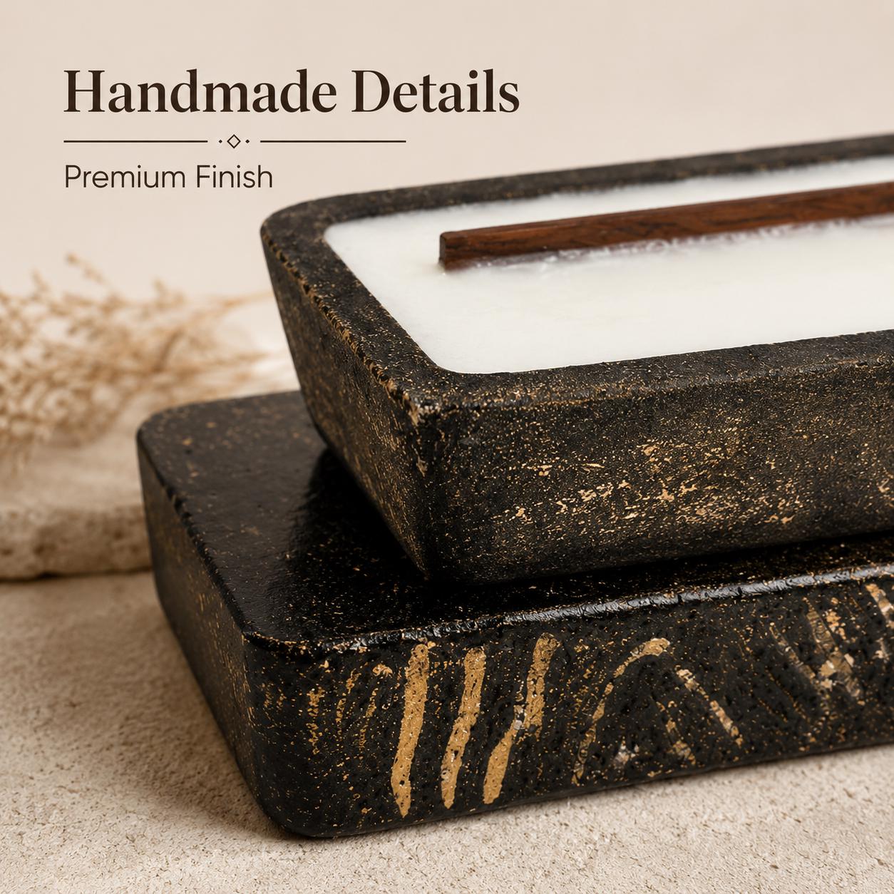 Close-up of a luxury handmade decorative candle showcasing premium artisan craftsmanship, textured sculptural design, wooden wick, modern home decor accent, elegant coffee table decoration, and unique housewarming gift.