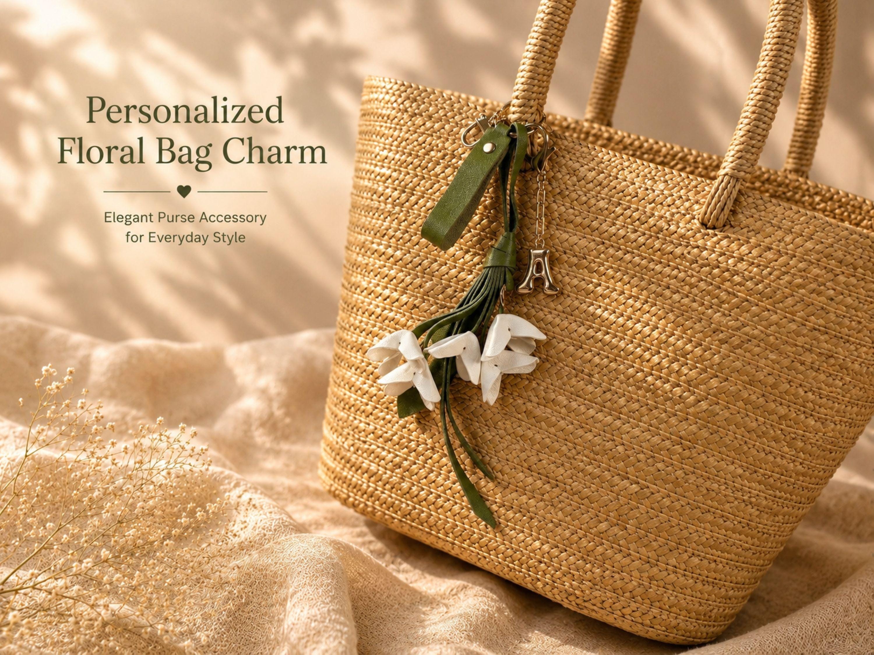 Personalized floral bag charm with initial letter charm attached to handbag featuring folded leather flowers, olive green leather tassel, gold hardware, feminine purse accessory, custom handbag charm, trendy floral keychain, gift ready purse charm, cute girly bag accessory, luxury handbag keychain for women, soft feminine fashion accessory, elegant purse charm, personalized flower keychain, boutique style bag charm, Pinterest inspired handbag accessory