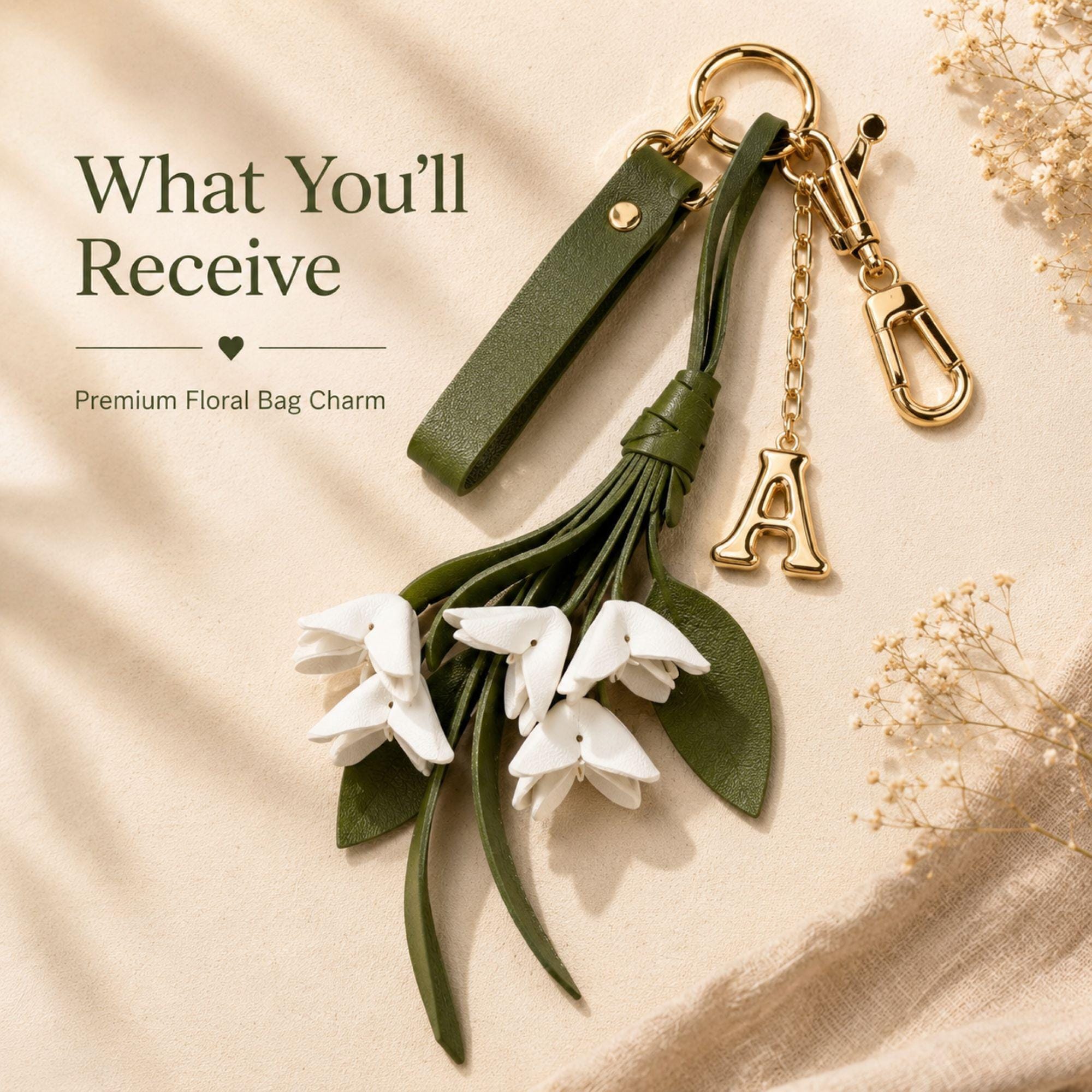 Custom initial bag charm with white folded flowers, green tassel strands, gold hardware and personalized puffy letter charm styled on neutral background. Feminine floral purse accessory for straw tote bags and handbags. Elegant personalized keychain gift for women with quiet luxury aesthetic and summer handbag styling.