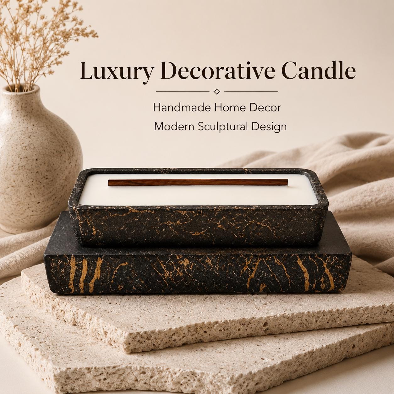Luxury decorative candle with modern sculptural design displayed on natural stone slabs, handmade home decor accent with wooden wick, quiet luxury styling, elegant coffee table decor, housewarming gift, and contemporary interior decoration.