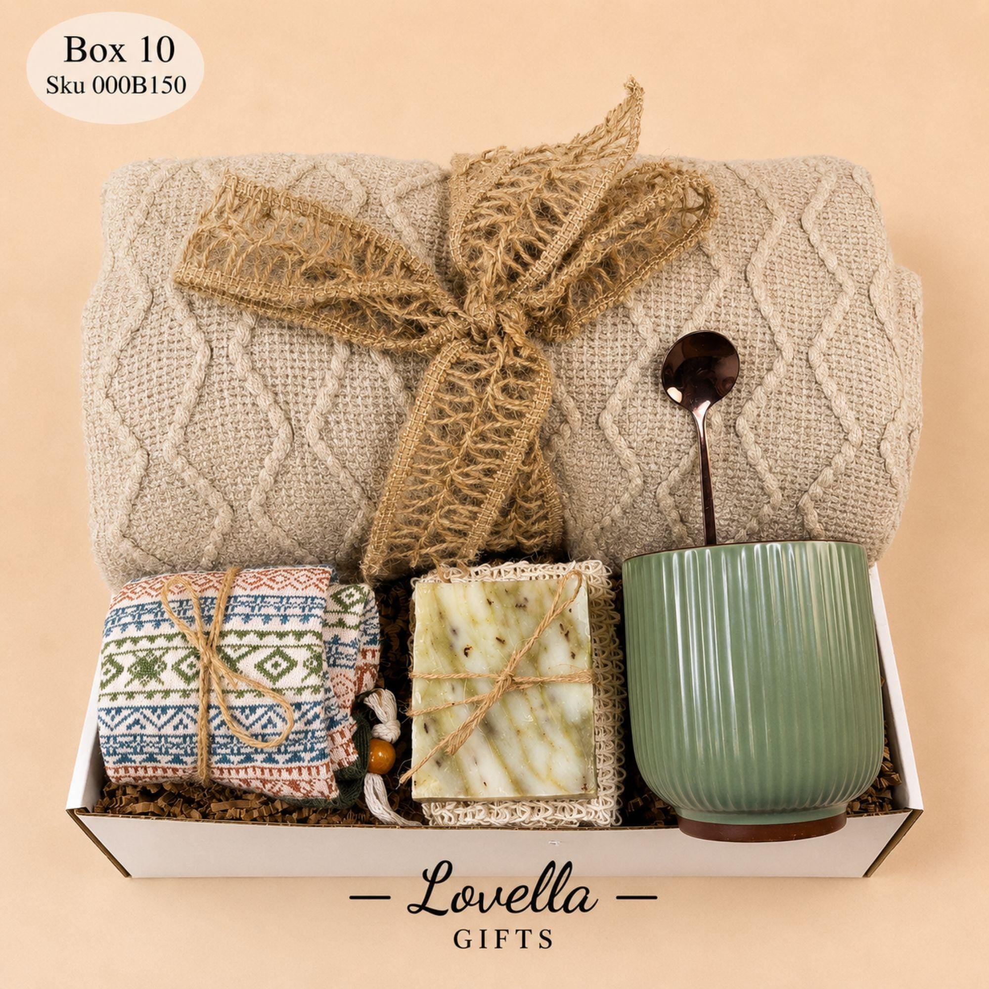 Luxury gift box for him with cozy beige blanket, artisan candle, handmade soap, ceramic mug and gold spoon, masculine self care basket for men, boyfriend gift box, husband birthday gift, cozy blanket gift set, comfort care package for him, get well soon gift for men, hygge relaxation gift basket, thoughtful handmade mens gift box, neutral earthy self care package for dad, boyfriend or coworker, ready to gift masculine care package