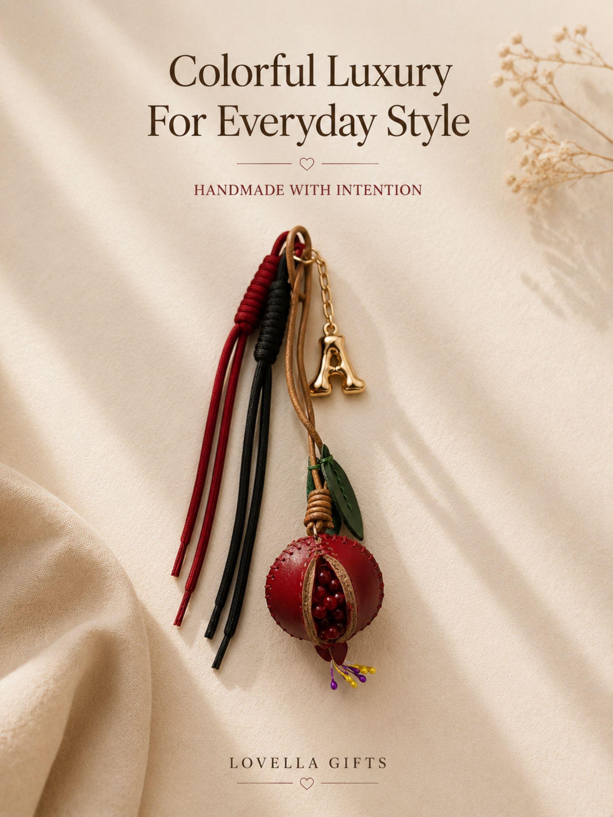 Personalized initial bag charm attached to colorful luxury tote bag with red leather trim, featuring handcrafted tassel cords, gold letter charm, artisan leather fruit accessory and boutique handbag styling. Luxury purse charm accessory for women, colorful handbag keychain, trendy tote bag decor, designer inspired purse accessory, custom initial charm gift for her, summer bag accessory, cute handbag charm, stylish purse keychain.