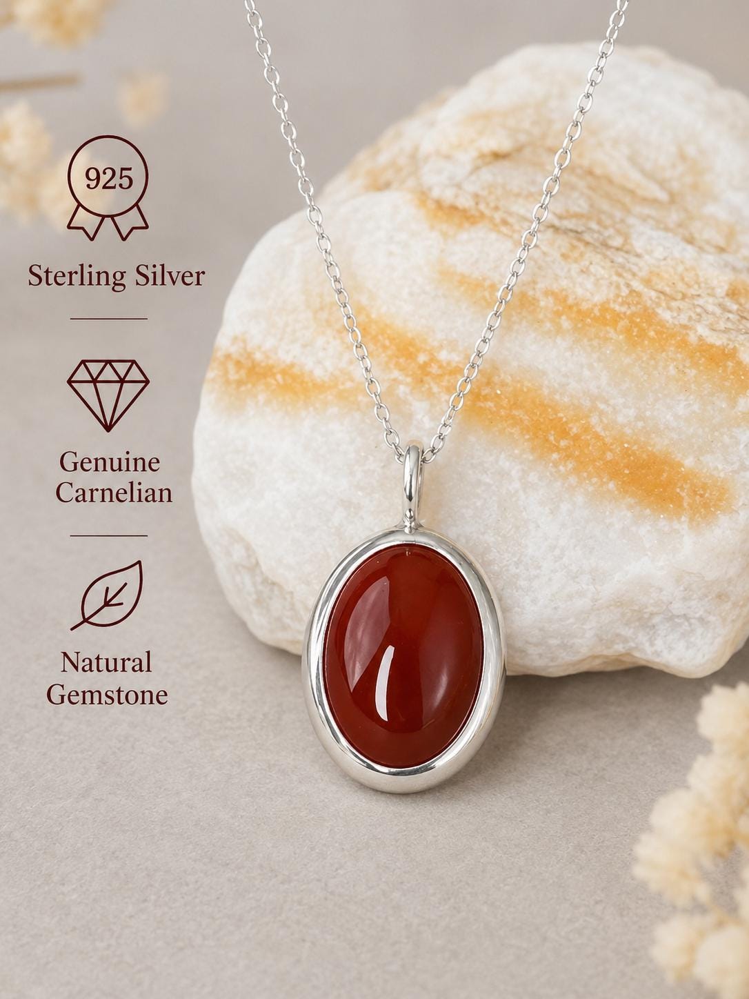 Sterling Silver Carnelian Pendant Necklace with oval red gemstone in polished silver setting