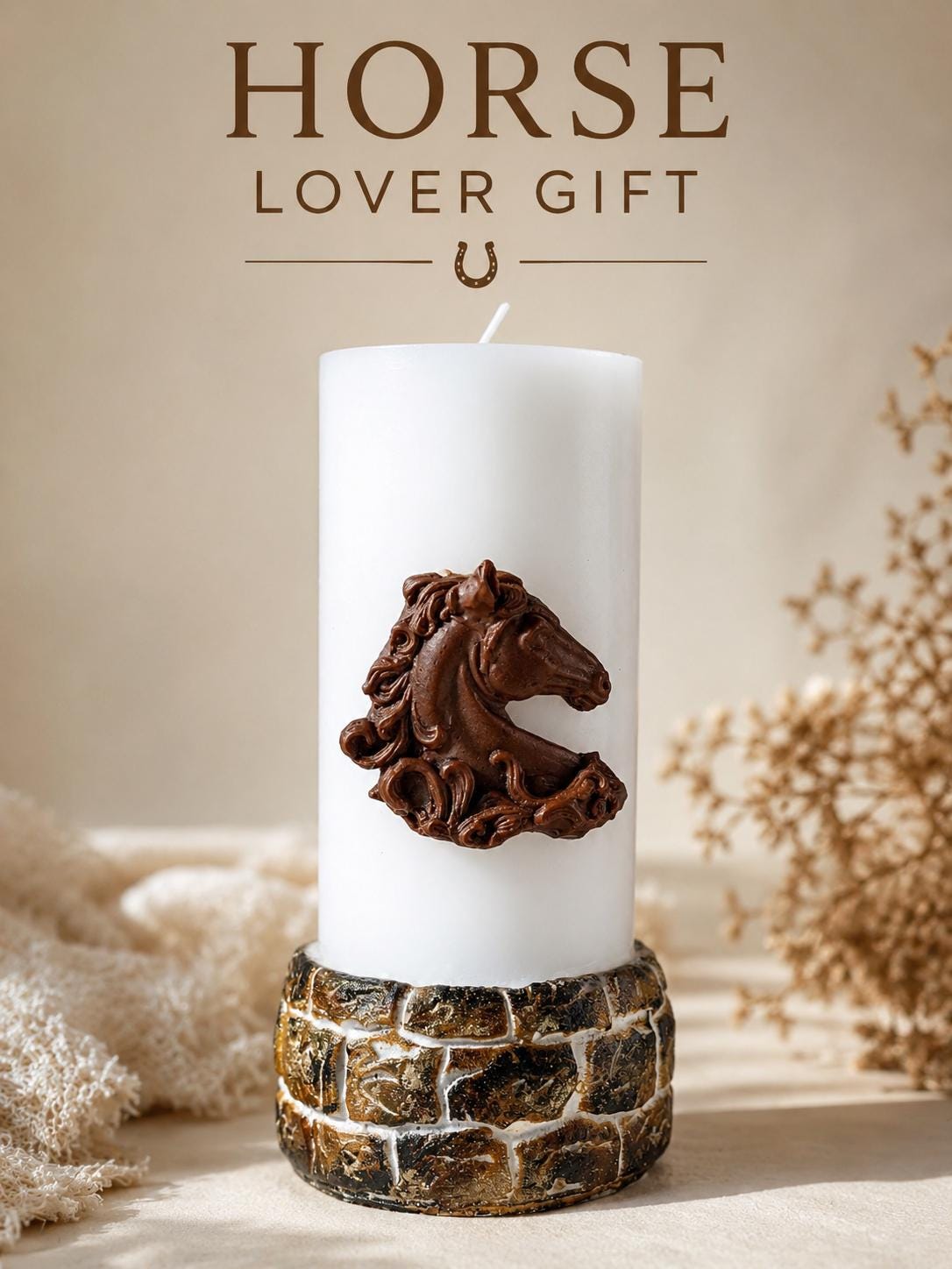 Horse Lover Gift candle with white pillar candle, sculpted horse relief, rustic base, and dried floral styling for equestrian gift, horse mom gift, horse owner gift, memorial keepsake, and ranch decor.