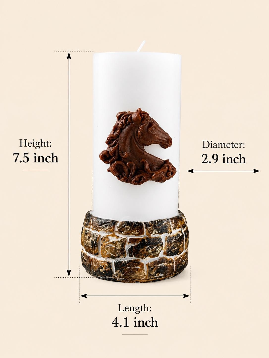 Horse Lover Gift candle size guide showing a white pillar candle with a detailed brown horse relief and textured rustic base, labeled with dimensions: Height 7.5 inch, Diameter 2.9 inch, and Length 4.1 inch on a clean beige background.
