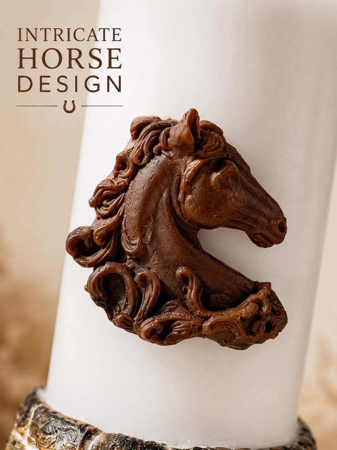Horse Lover Gift candle close-up showing an intricate brown horse relief on a white pillar candle, highlighting sculpted mane detail, handmade craftsmanship, and elegant equestrian decor for horse lovers, riders, ranch homes, and western-style gifts.
