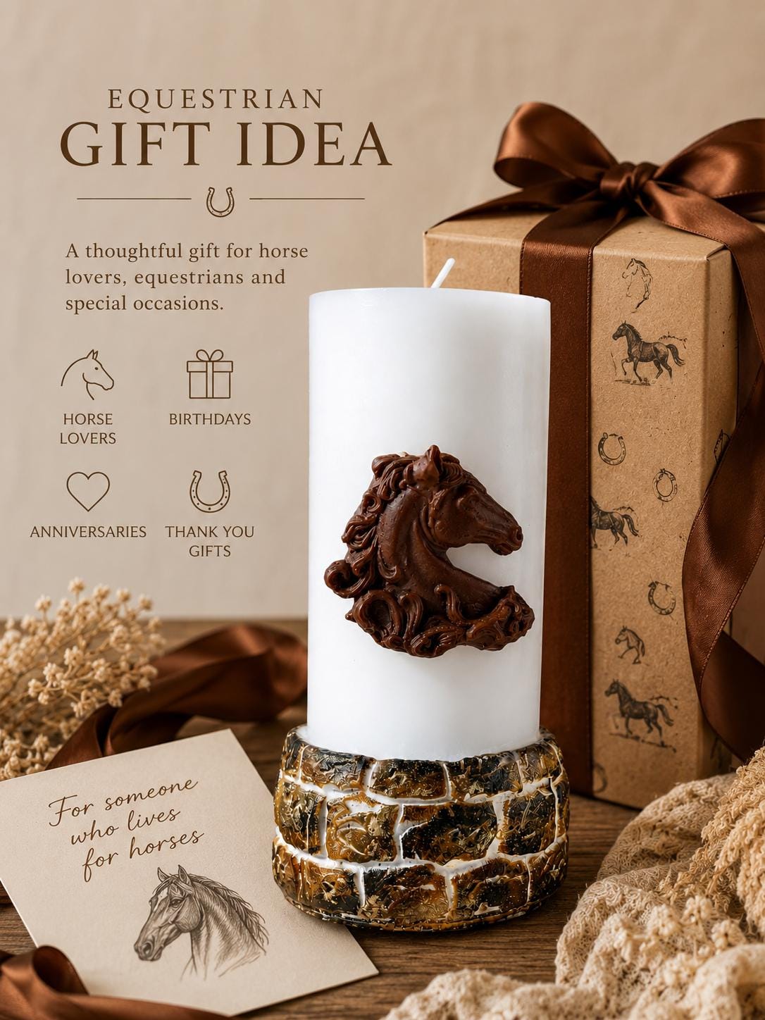 Horse Lover Gift candle gift set with a decorative white pillar candle, intricate horse relief, ribboned gift box, and greeting card, styled as a thoughtful equestrian gift for horse lovers, riders, horse moms, birthdays, thank you gifts, and western decor enthusiasts.