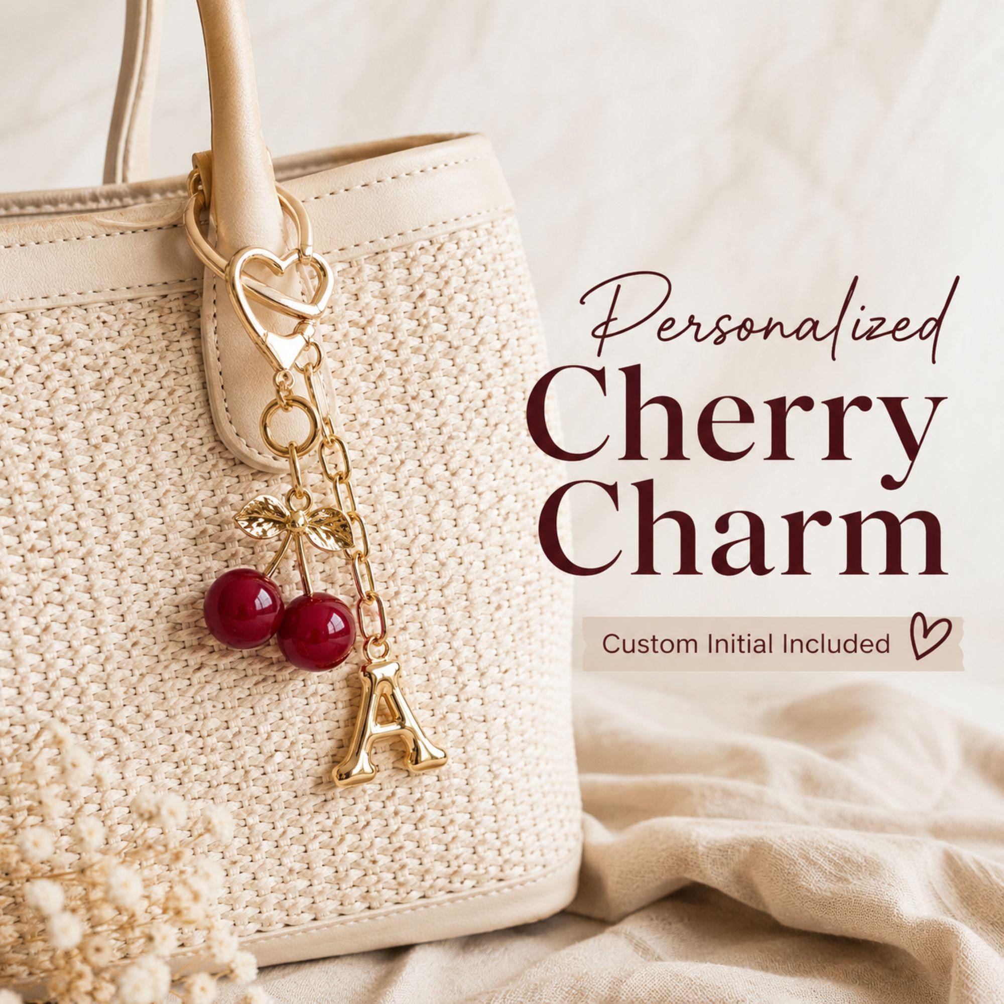 personalized cherry bag charm with initial letter, custom cherry keychain for women, red cherry purse charm, gold handbag accessory, cute bag charm for tote bag, aesthetic cherry keychain, custom initial purse charm, gift for her, sister gift, best friend gift, teen girl gift, personalized handbag accessory, trendy cherry charm, coquette bag charm, red cherry keyring, custom letter keychain, fashionable purse accessory, handmade gift, boutique bag charm, luxury handbag charm