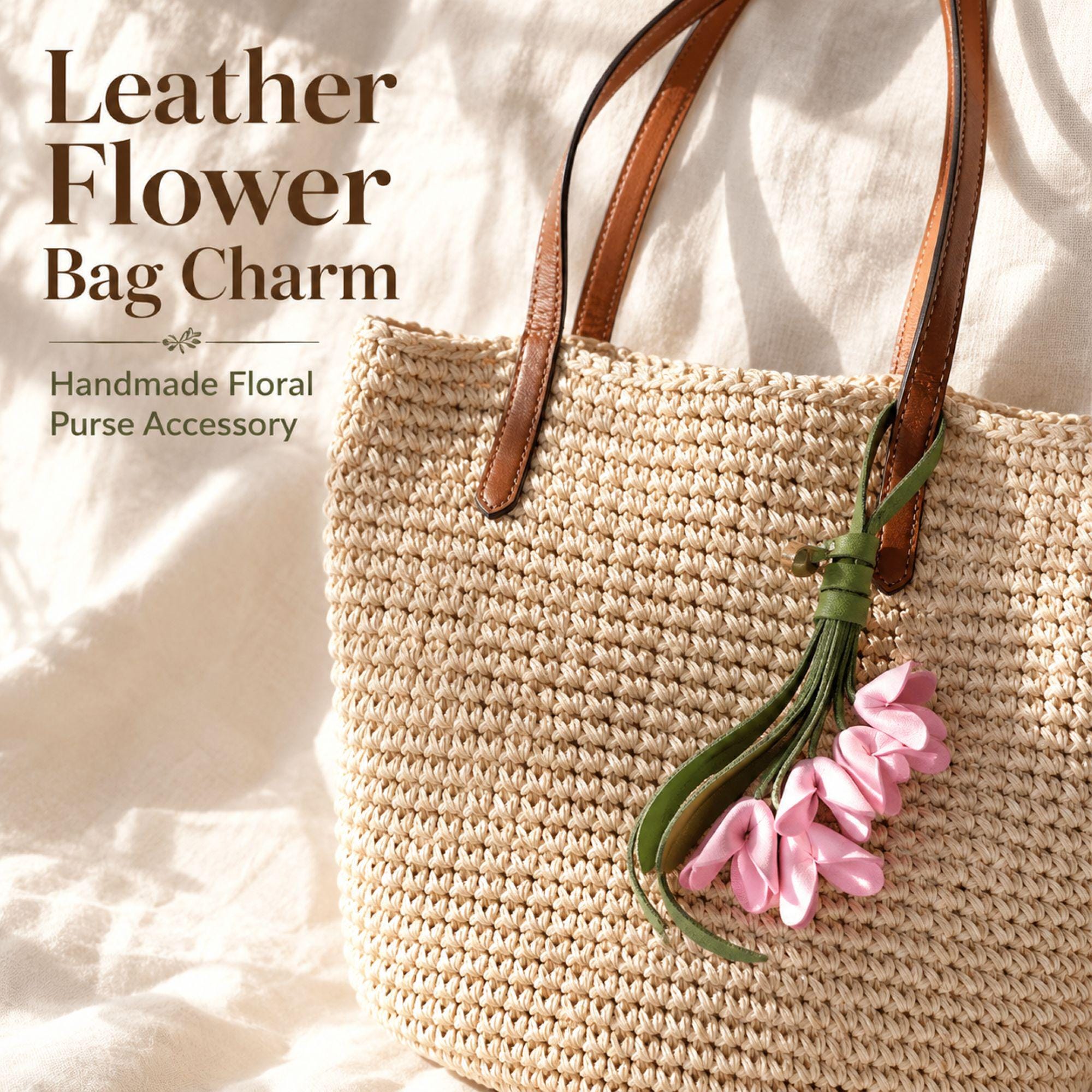 Handmade leather flower bag charm featuring five pink leather flowers, olive green leather tassel, and gold hardware attached to a woven straw tote bag. Floral purse charm designed for handbags, tote bags, beach bags, canvas bags, backpacks, and travel bags. Lightweight bag accessory and floral keychain that adds a feminine boho touch to everyday style. Perfect flower purse charm, tote bag charm, handbag decoration, summer bag accessory, gift for women, mom, sister, daughter, friend, bridesmaid.