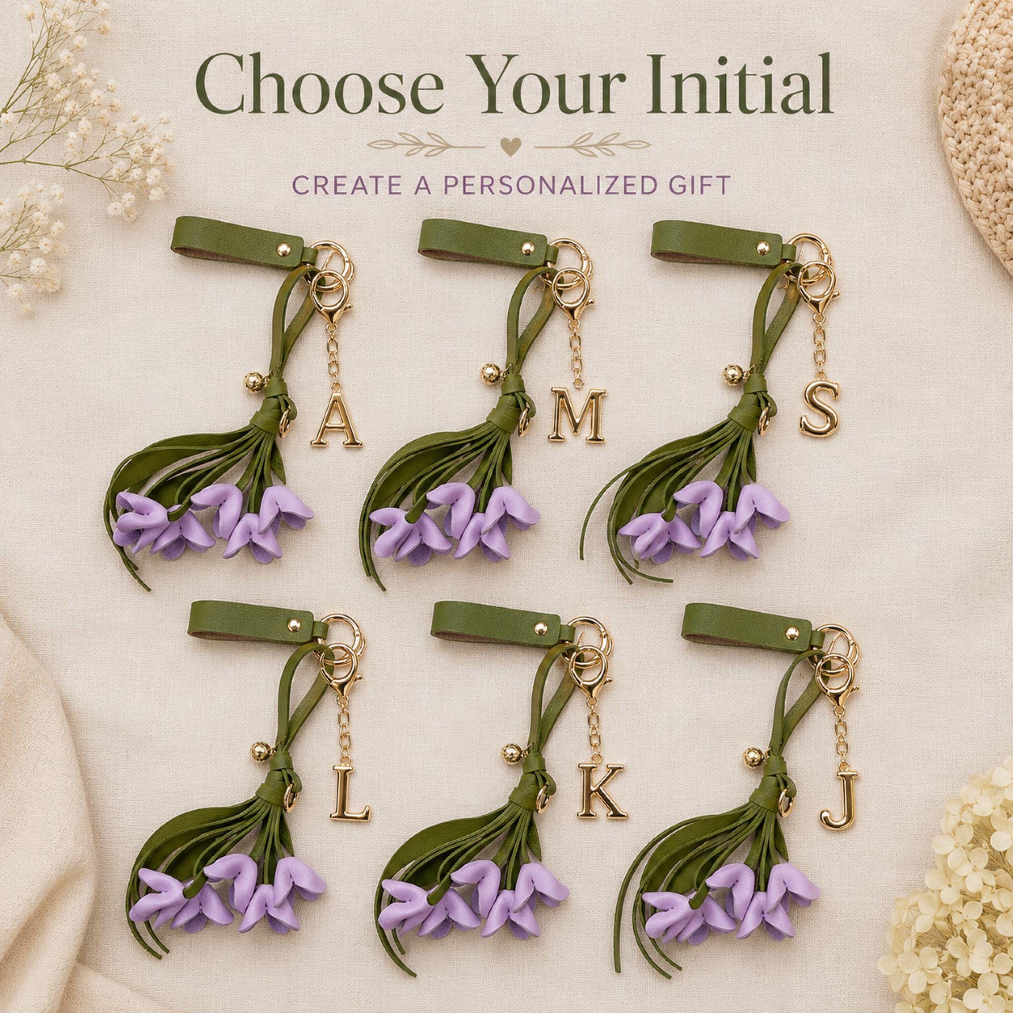 personalized floral bag charm with initial letter, lilac flower keychain, handmade purse charm, handbag accessory for women, custom initial charm, sage green tassel keychain, botanical purse accessory, personalized gift for mom, sister gift idea, bridesmaid gift, elegant handbag charm, flower purse decoration, custom keychain for women, lilac floral bag accessory, boutique handmade keychain