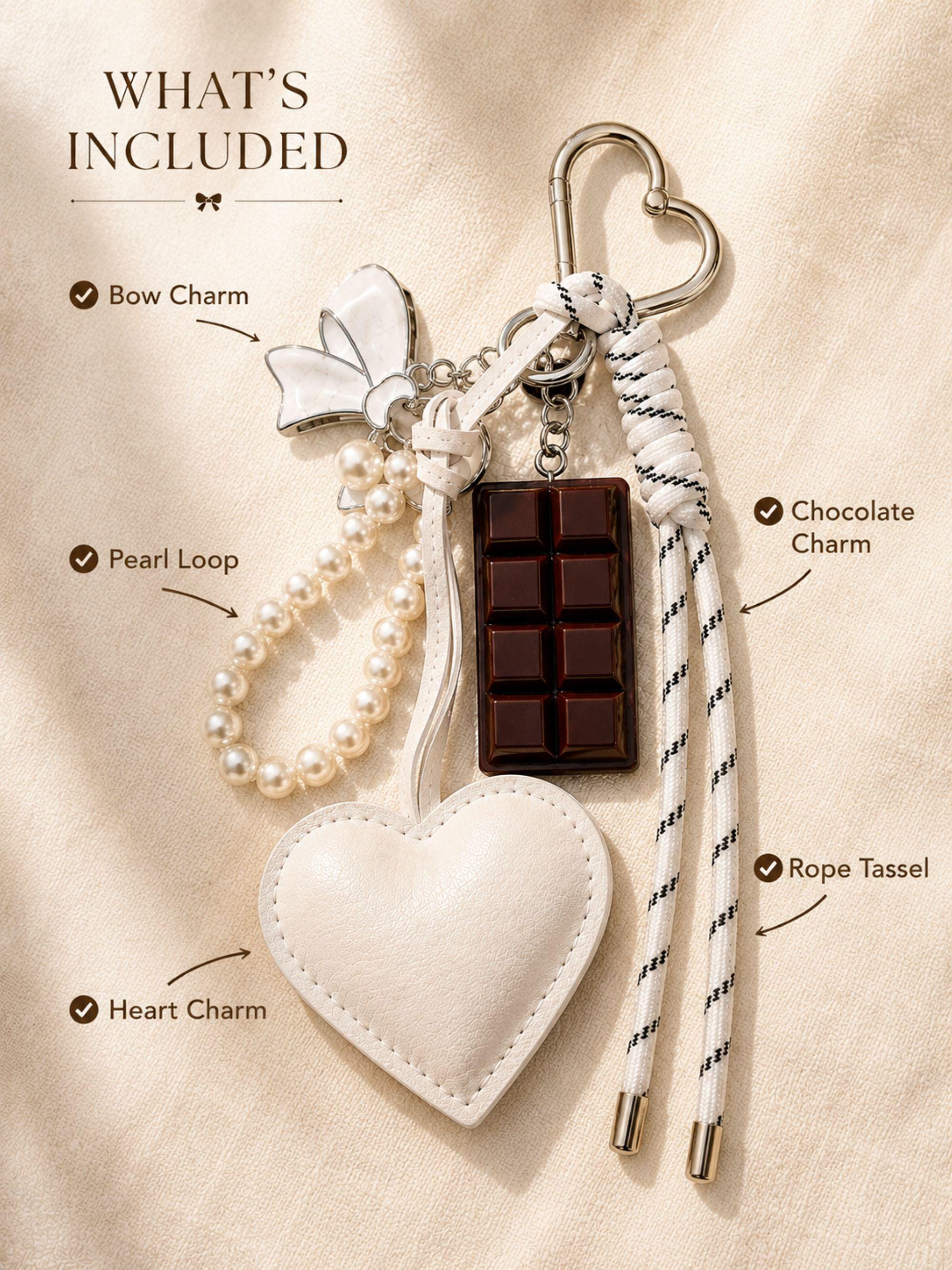 Heart bag charm featuring a white heart charm, pearl keychain loop, silver bow charm, chocolate charm and rope tassel attached to a luxury handbag. Coquette bag charm inspired by Y2K fashion, kawaii accessories and trendy purse charms. Decorative handbag accessory designed for tote bags, purses, shoulder bags, backpacks, canvas totes and beach bags. Cute statement bag charm for women and teen girls. Fashion keychain accessory perfect for everyday handbags, summer totes personalized purse styling