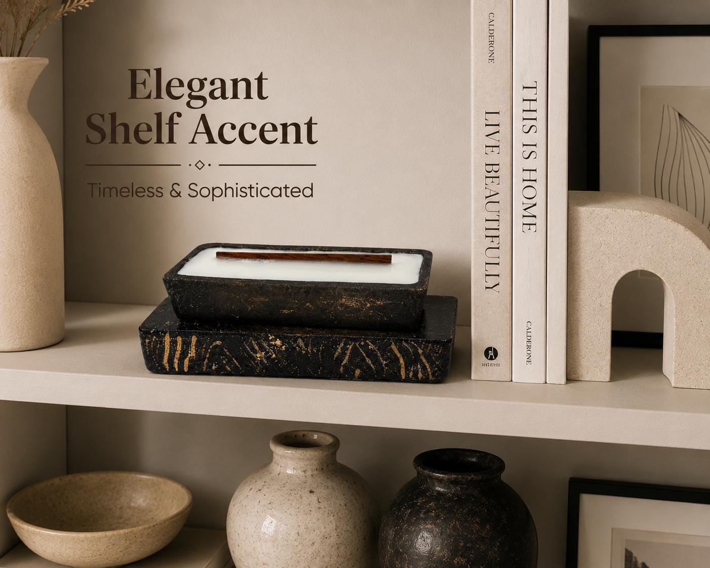 Luxury decorative candle displayed on a designer shelf with books and ceramic decor, handmade sculptural candle for modern home decor, elegant shelf styling, minimalist interior decoration, housewarming gift, and contemporary living room accent.
