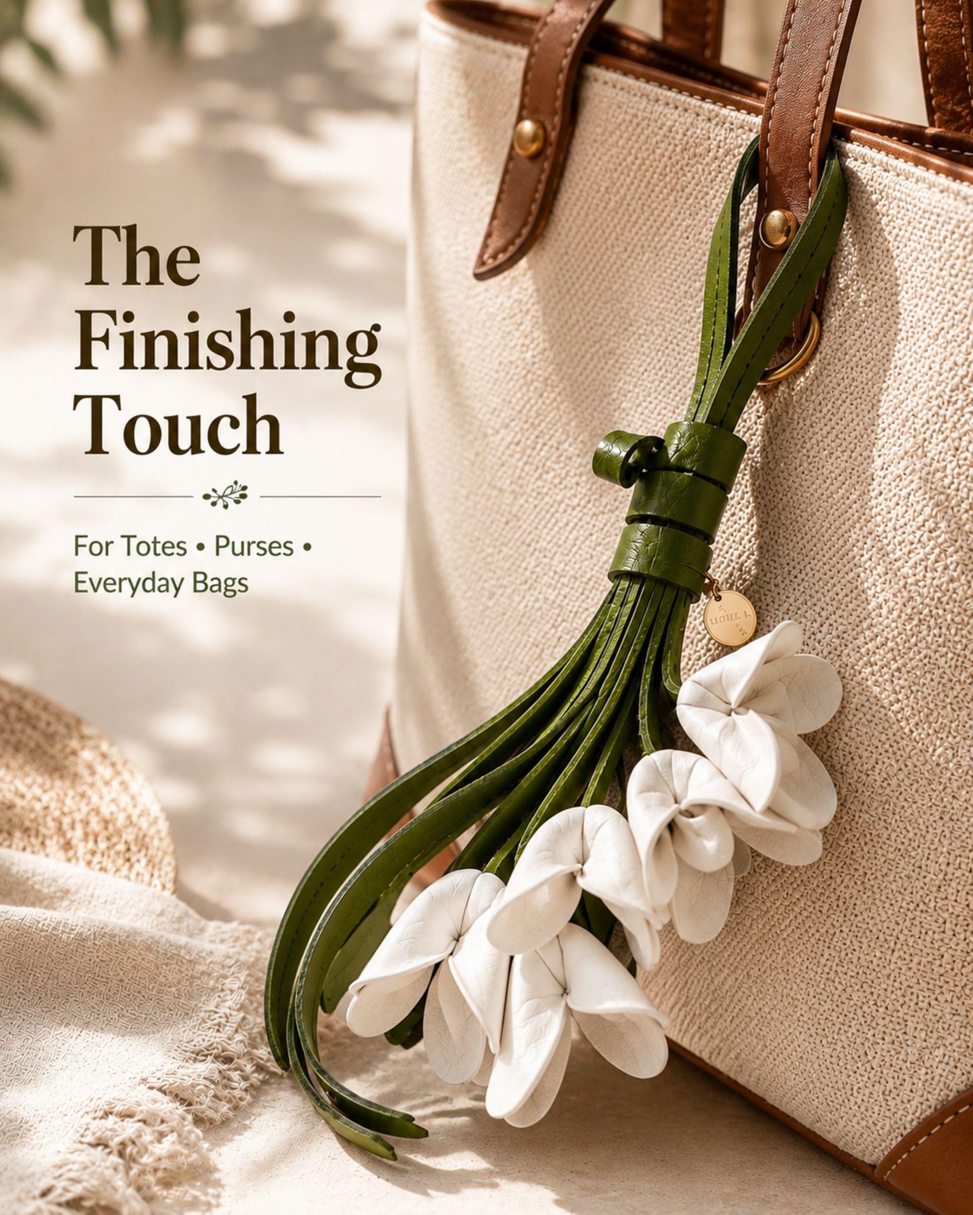 Handmade white flower bag charm featuring delicate white leather flowers attached to flowing green leather tassels with gold hardware. Floral purse charm designed for tote bags, handbags, backpacks, woven straw bags, beach bags, canvas totes, and everyday purses. Lightweight handbag accessory inspired by cottagecore, boho, feminine, and floral fashion trends. Unique gift for women, mom, sister, daughter, best friend, bridesmaid, and flower lovers.