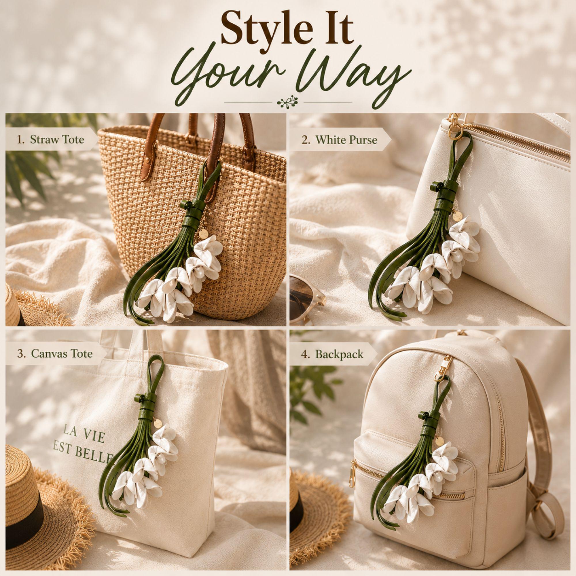 Handmade white flower bag charm featuring delicate white leather flowers attached to flowing green leather tassels with gold hardware. Floral purse charm designed for tote bags, handbags, backpacks, woven straw bags, beach bags, canvas totes, and everyday purses. Lightweight handbag accessory inspired by cottagecore, boho, feminine, and floral fashion trends. Unique gift for women, mom, sister, daughter, best friend, bridesmaid, and flower lovers.