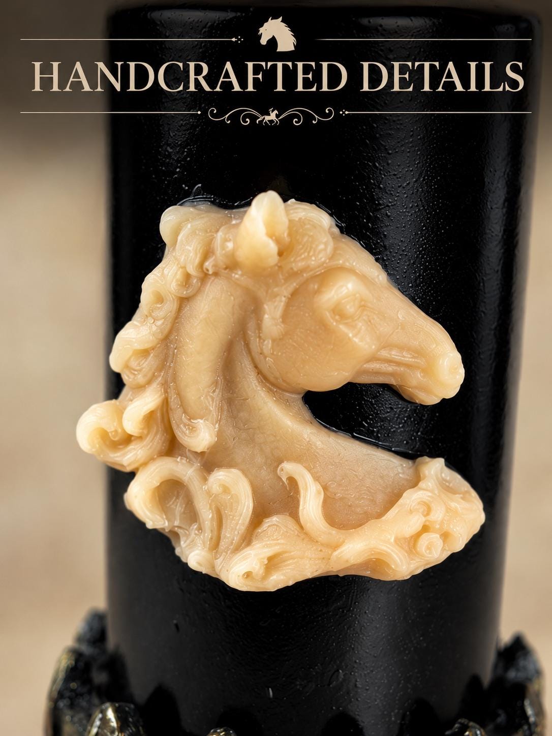 Luxury Horse Lover Gift candle close-up of sculpted horse head relief on a black pillar candle, highlighting handmade equestrian detail, elegant western decor, and horse lover gift styling.