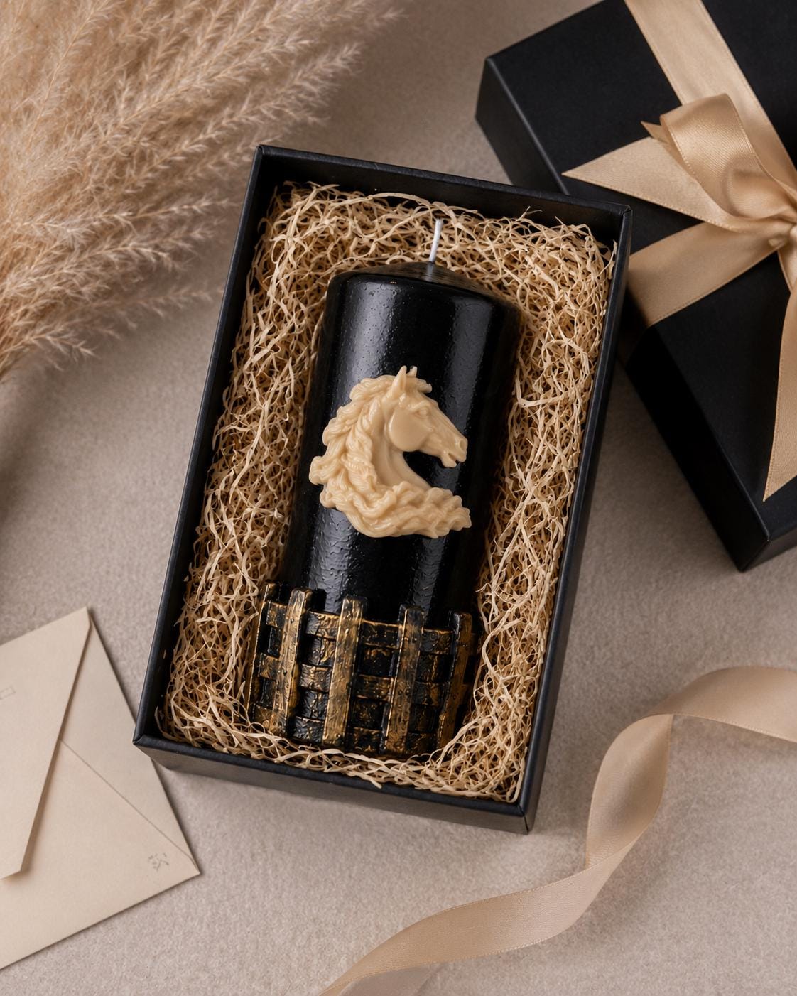 Luxury Horse Lover Gift candle in an open black gift box with beige filling, matching ribbon, and elegant horse relief detail for equestrian decor lovers, horse moms, ranch gifts, and memorial keepsakes.