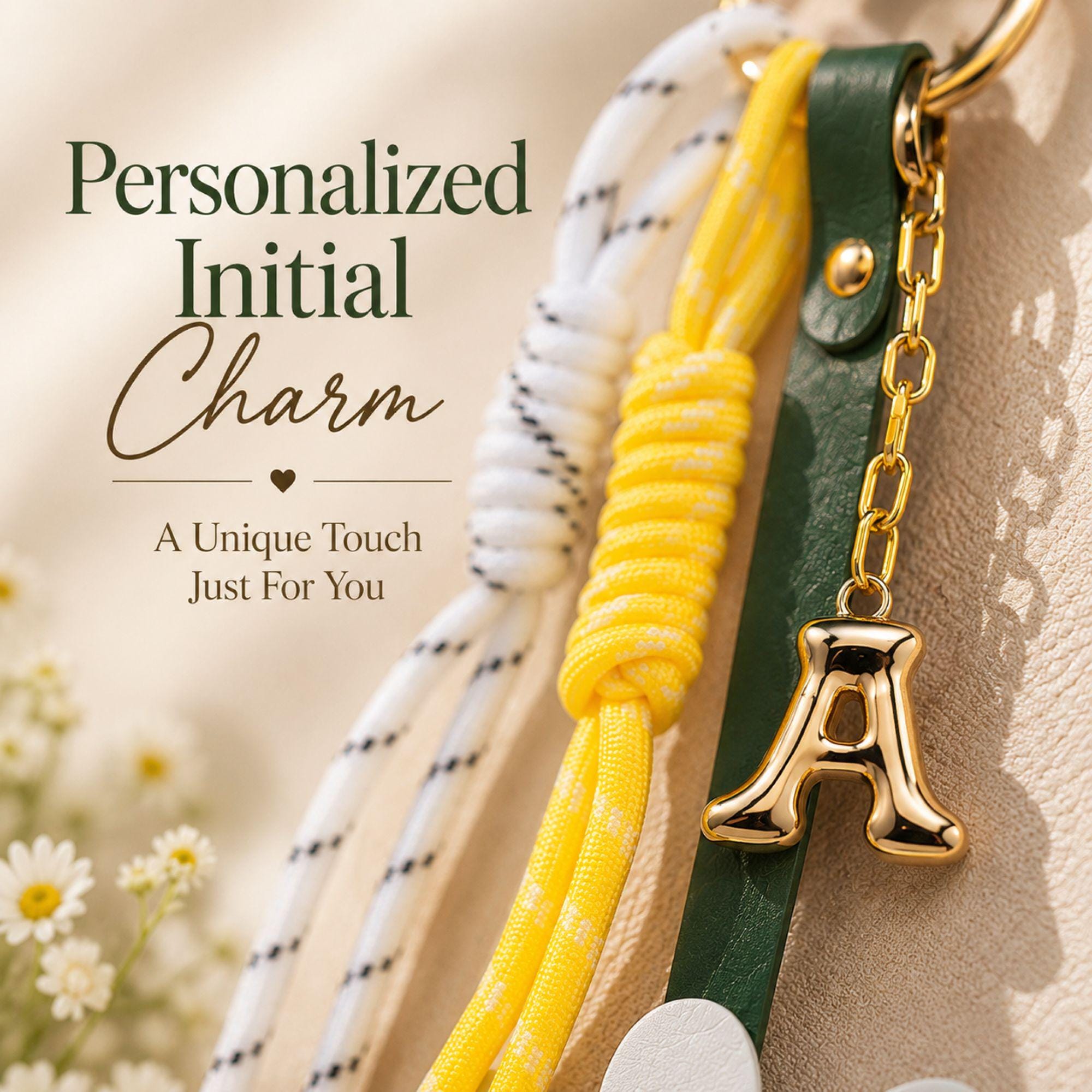 Handmade daisy bag charm with white flower charm, yellow center, personalized initial charm and decorative cord accents attached to a handbag. Flower purse charm designed for tote bags, shoulder bags, beach bags, straw bags, designer handbags and everyday purses. Trendy bag charm accessory inspired by the viral bag charm trend. Personalized handbag charm for women, teen girls, best friends and daughters. Summer bag accessory, preppy purse charm, coastal style handbag decoration and cute gift.