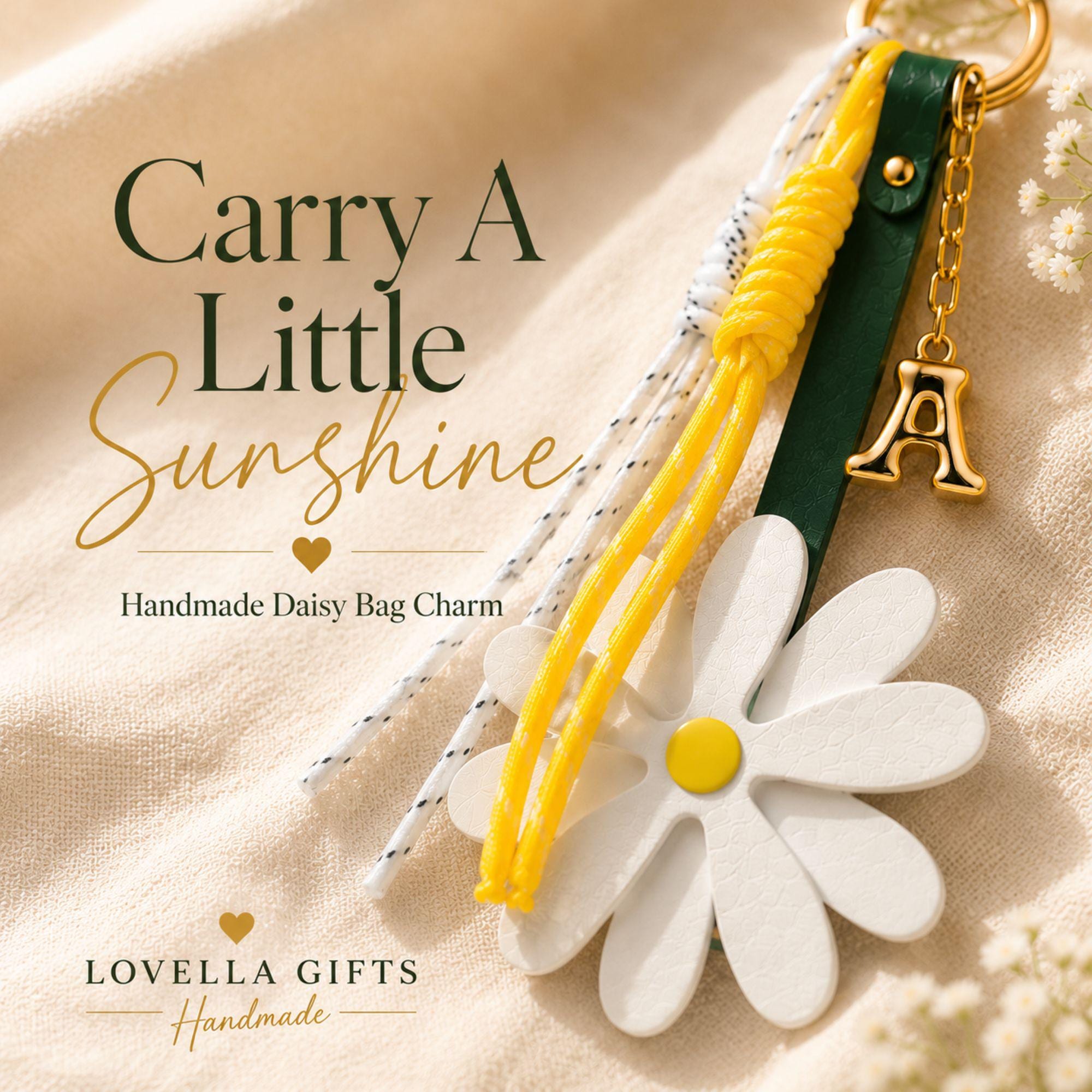 Handmade daisy bag charm with white flower charm, yellow center, personalized initial charm and decorative cord accents attached to a handbag. Flower purse charm designed for tote bags, shoulder bags, beach bags, straw bags, designer handbags and everyday purses. Trendy bag charm accessory inspired by the viral bag charm trend. Personalized handbag charm for women, teen girls, best friends and daughters. Summer bag accessory, preppy purse charm, coastal style handbag decoration and cute gift.
