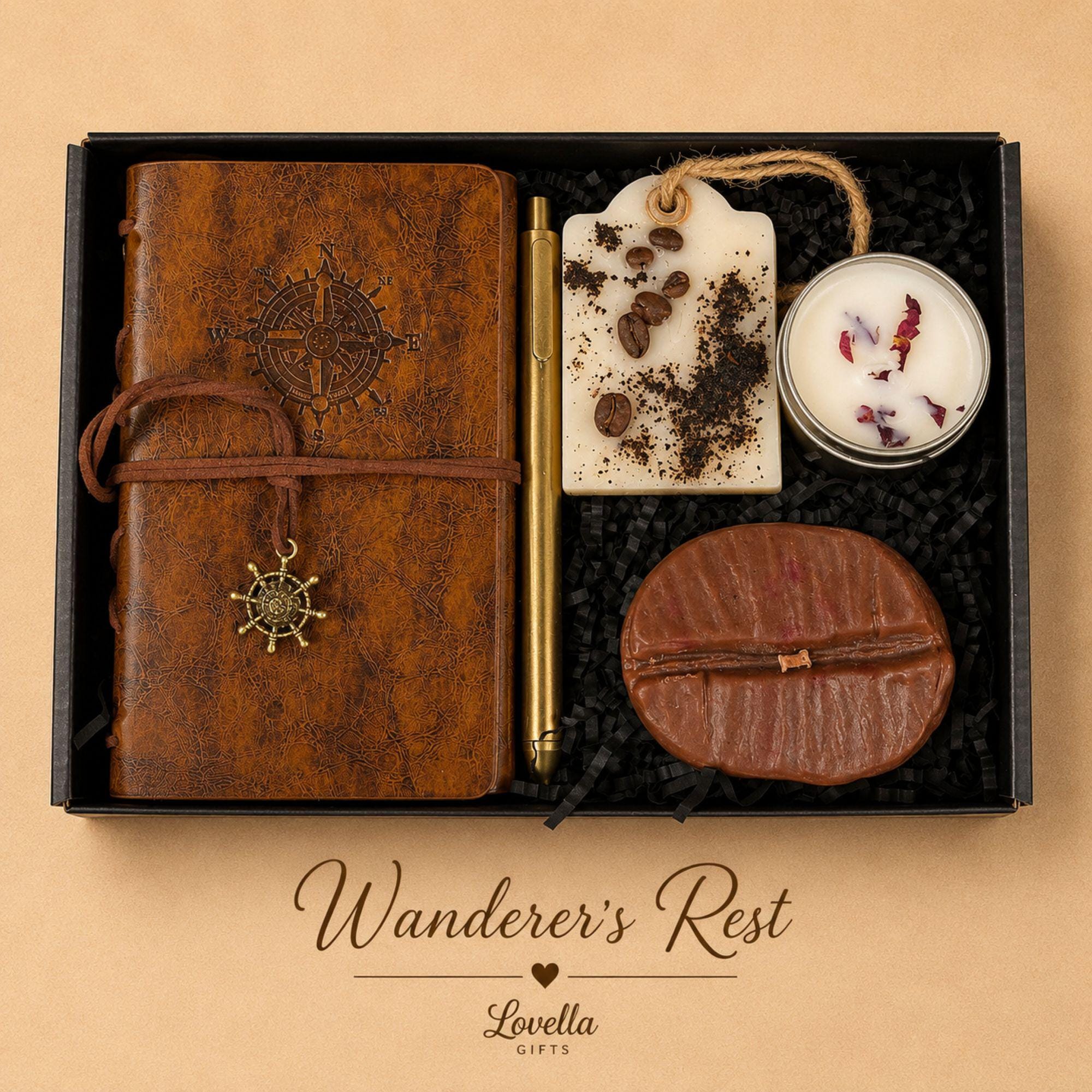 Horse lover gift box for men featuring journal, pen, coffee soap, honey, decorative horse candle, bath salts and matches, cowboy gift set, birthday gift for him, dad gift basket, husband gift box, boyfriend gift, coffee lover care package, western themed gift box, luxury self care gift for men, ranch gift, thoughtful journal gift set, handmade Florida gift box
